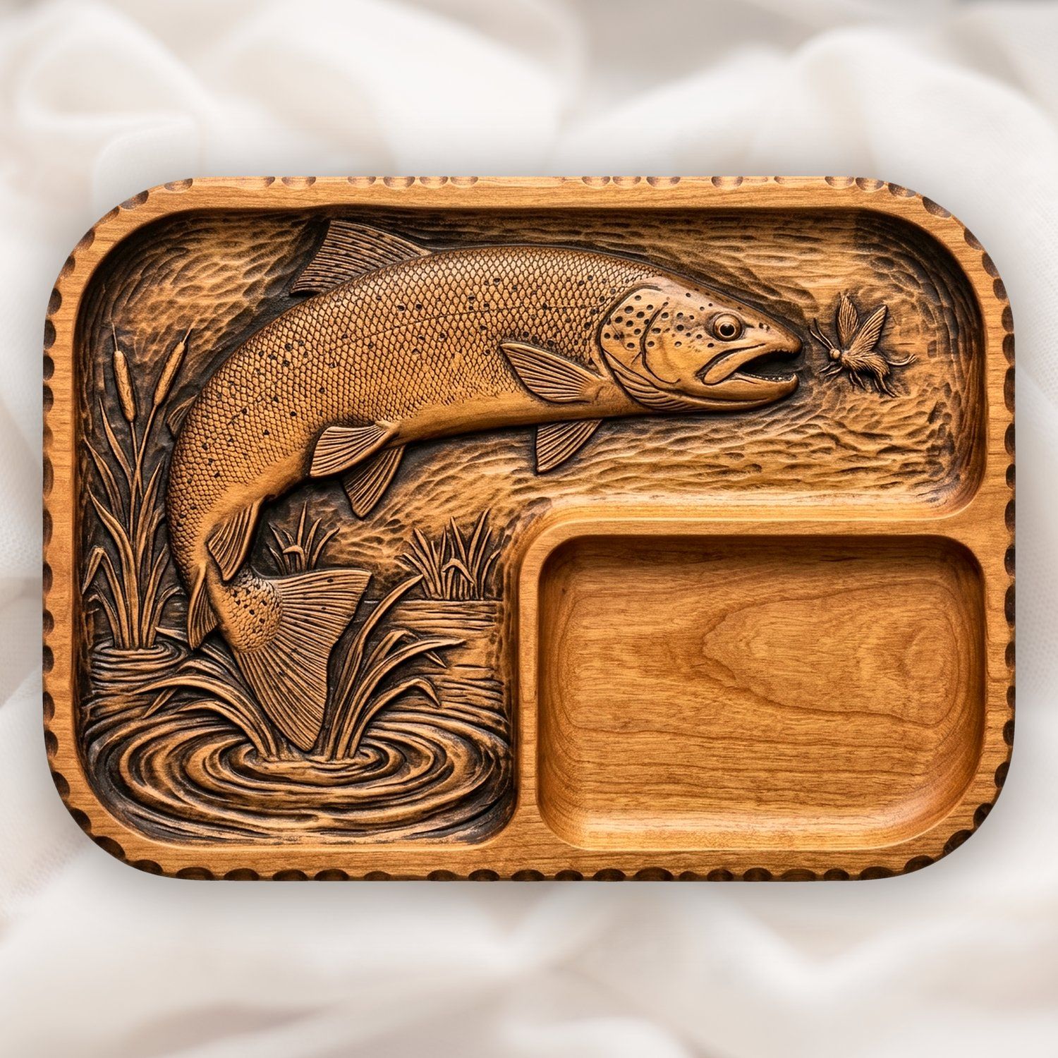 Valet Tray Leaping Brown Trout Fly Fishing Scene CNC Relief STL bas-relief STL — view 12