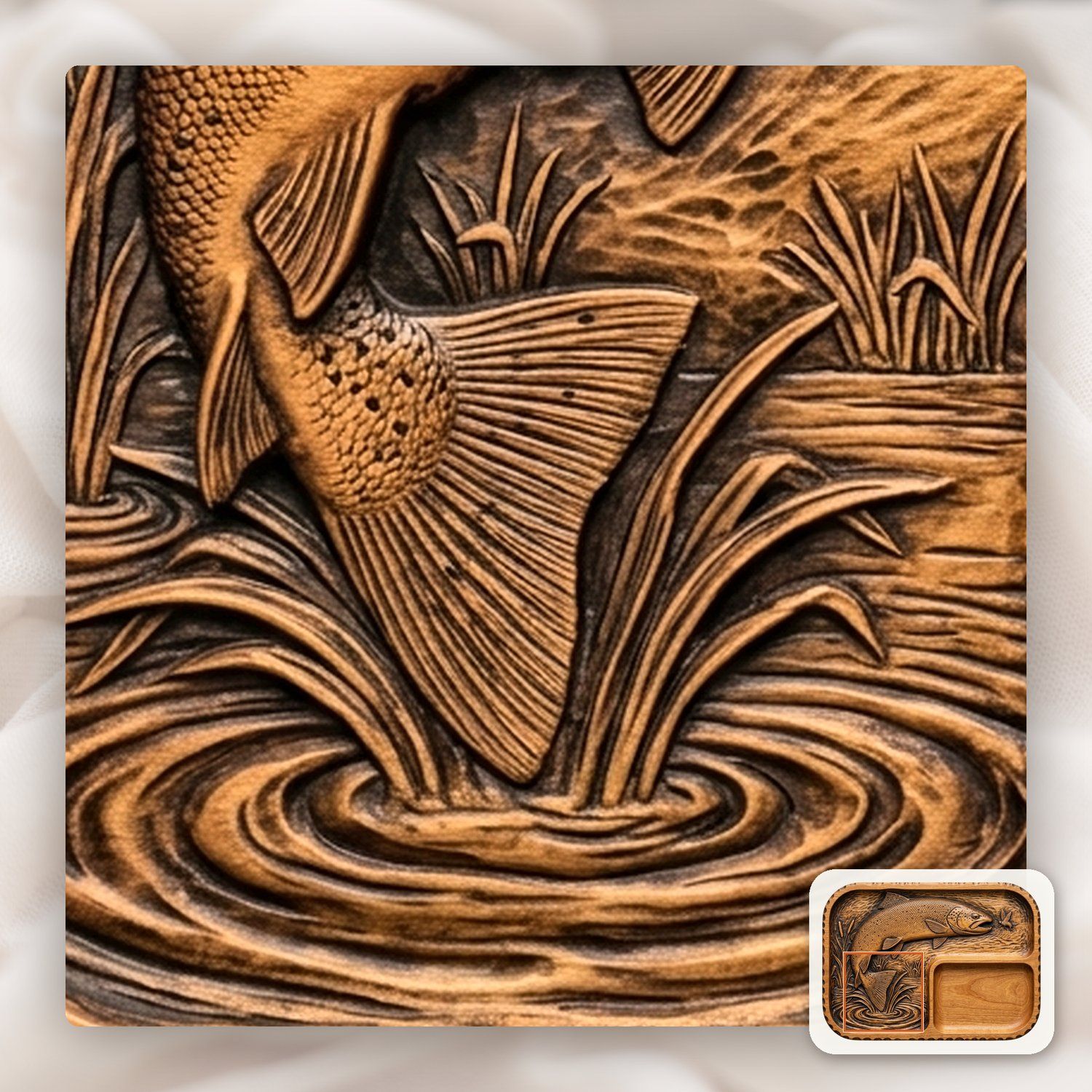 Valet Tray Leaping Brown Trout Fly Fishing Scene CNC Relief STL bas-relief STL — view 11