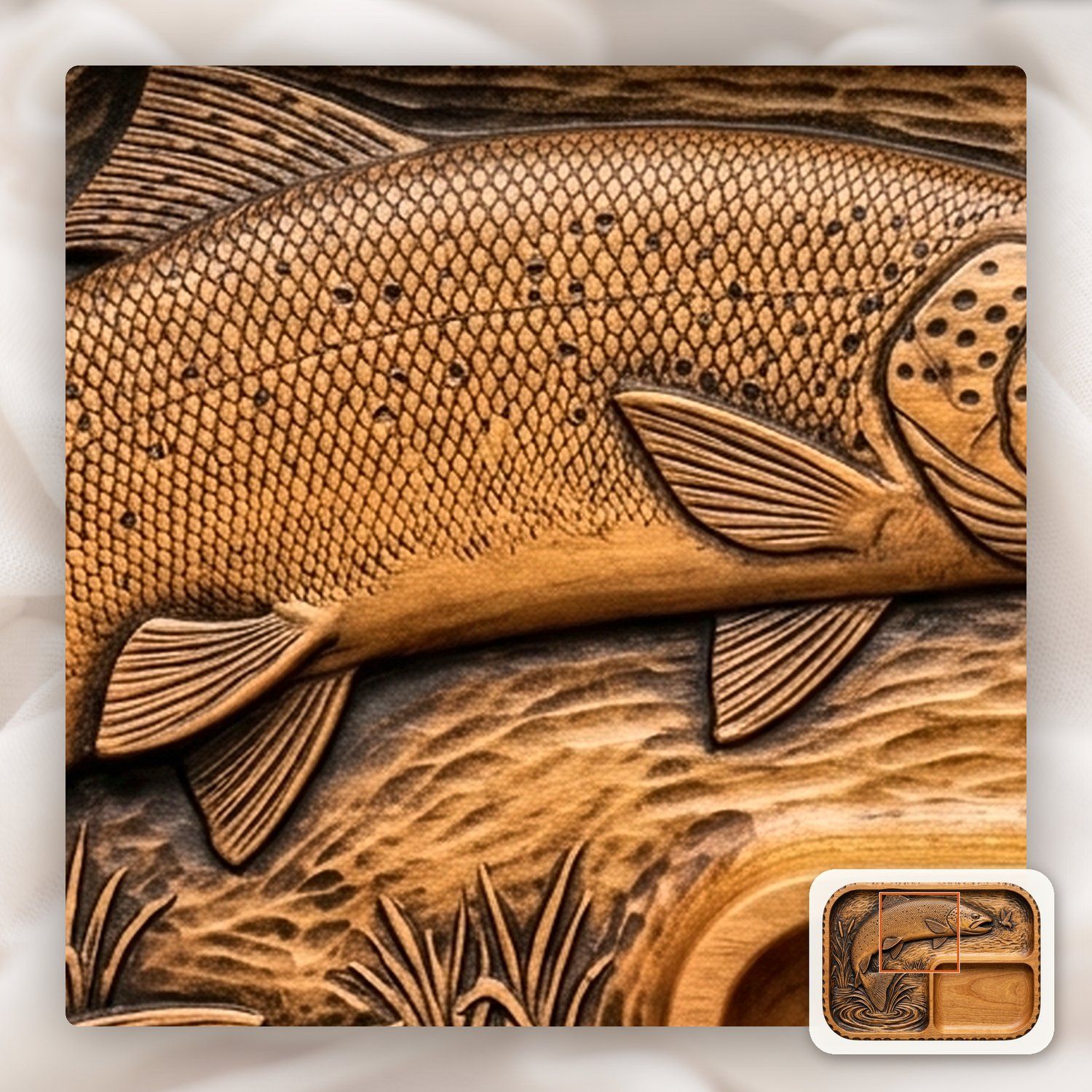 Valet Tray Leaping Brown Trout Fly Fishing Scene CNC Relief STL bas-relief STL — view 13
