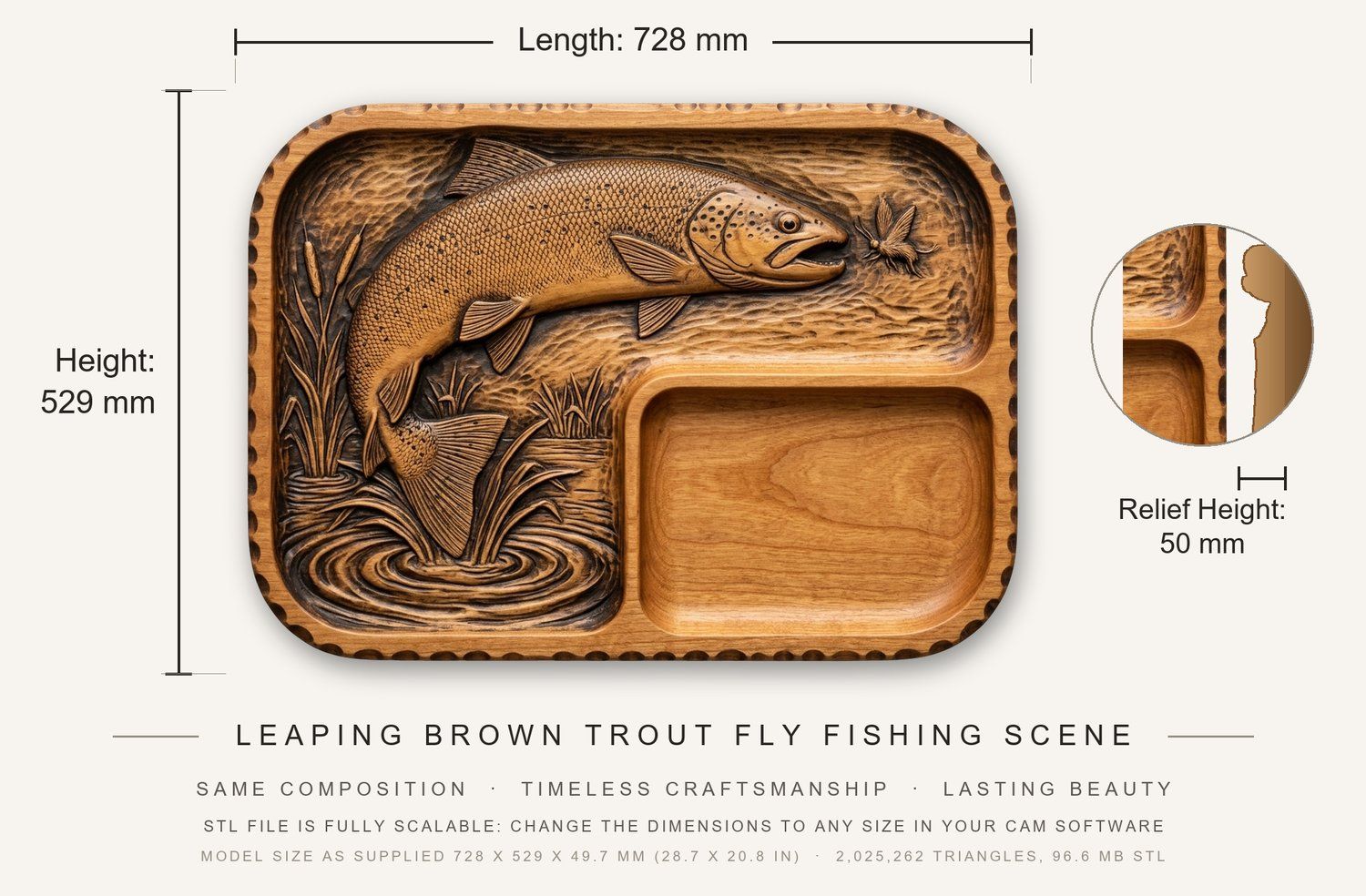 Valet Tray Leaping Brown Trout Fly Fishing Scene CNC Relief STL bas-relief STL — view 3