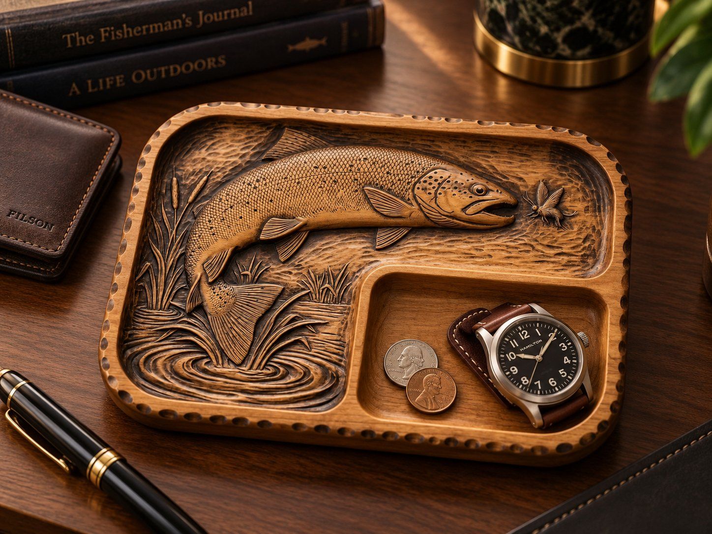 Leaping Brown Trout Fly Fishing Scene CNC Relief STL | Mountain Stream Wall Art Panel | Rustic Cabin Decor Design — carved bas relief STL file for CNC
