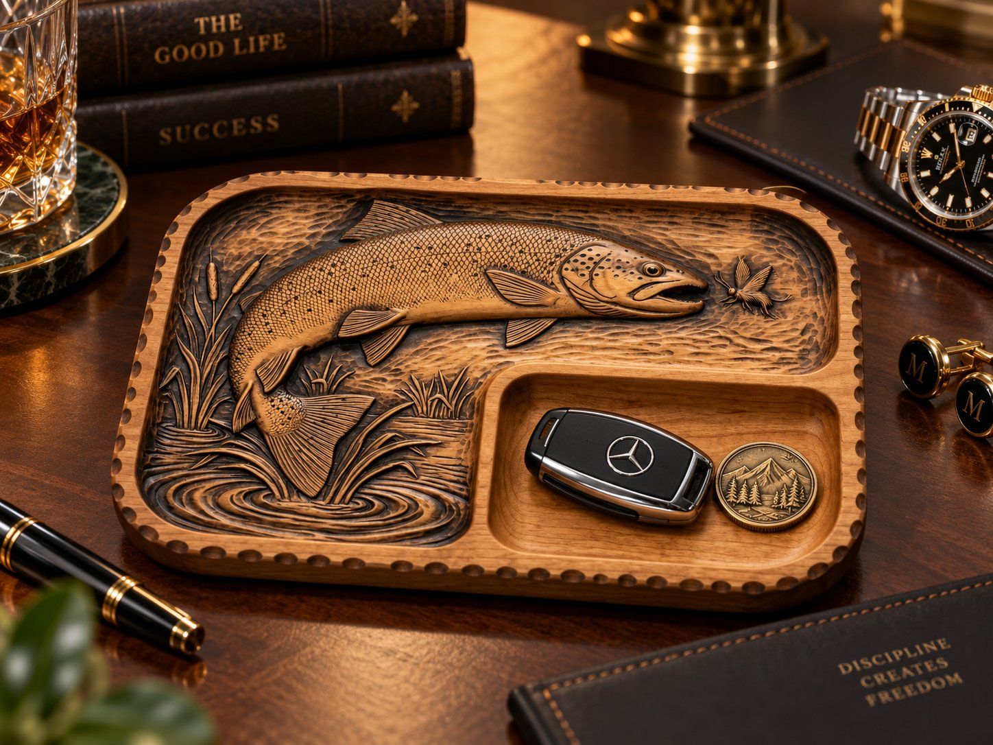 Valet Tray Leaping Brown Trout Fly Fishing Scene CNC Relief STL bas-relief STL — view 14