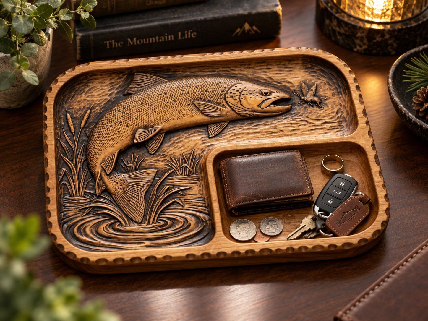 Valet Tray Leaping Brown Trout Fly Fishing Scene CNC Relief STL bas-relief STL — view 15