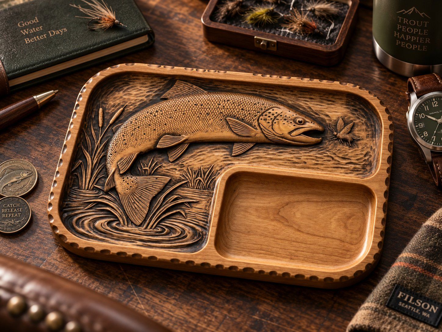 Valet Tray Leaping Brown Trout Fly Fishing Scene CNC Relief STL bas-relief STL — view 16