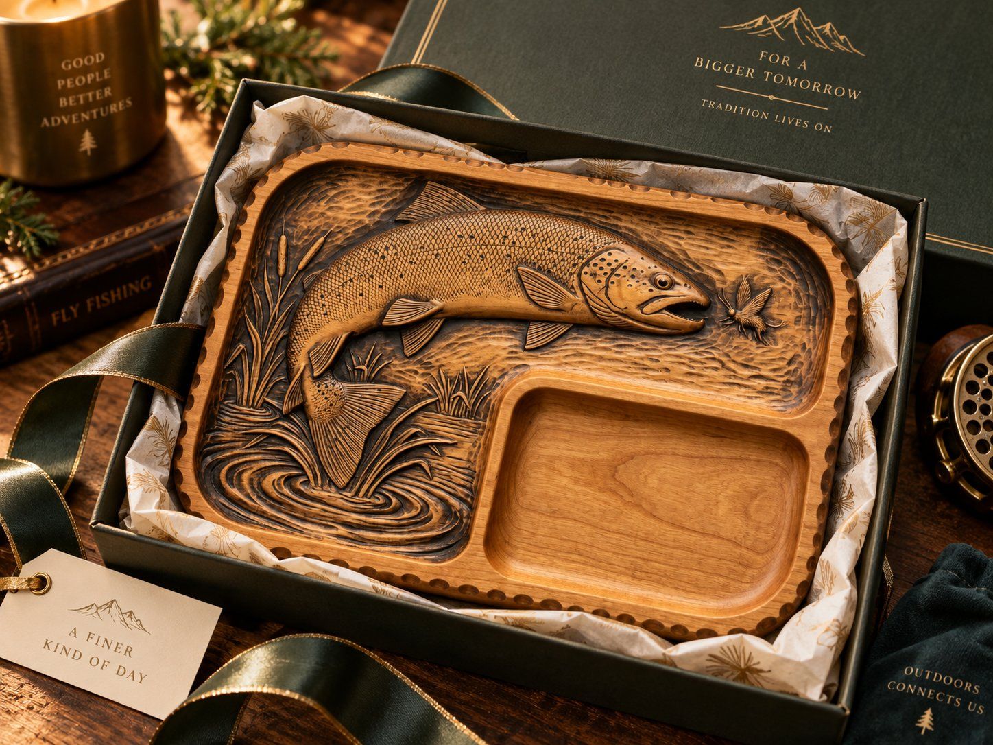 Valet Tray Leaping Brown Trout Fly Fishing Scene CNC Relief STL bas-relief STL — view 17