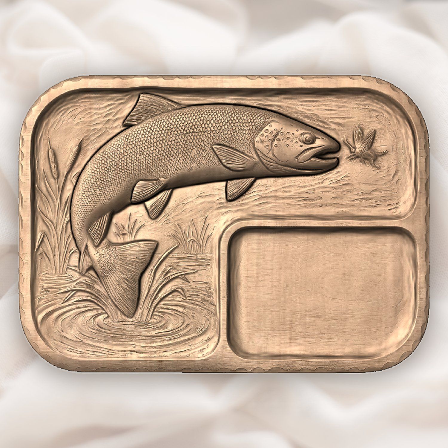 Valet Tray Leaping Brown Trout Fly Fishing Scene CNC Relief STL bas-relief STL — view 4