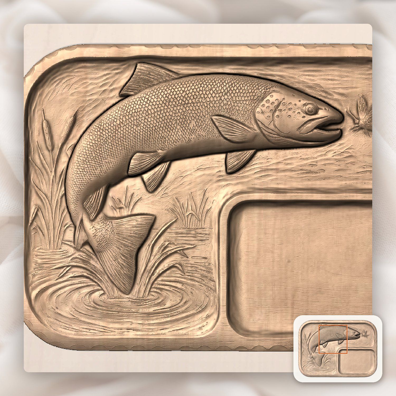 Valet Tray Leaping Brown Trout Fly Fishing Scene CNC Relief STL bas-relief STL — view 6