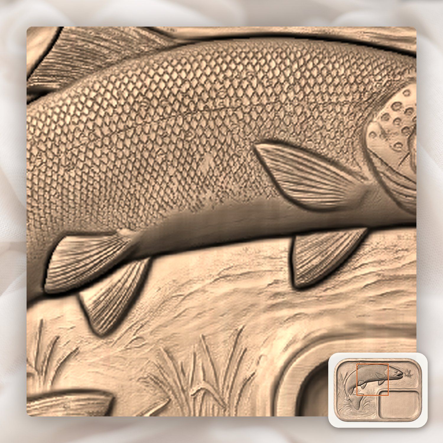 Valet Tray Leaping Brown Trout Fly Fishing Scene CNC Relief STL bas-relief STL — view 7
