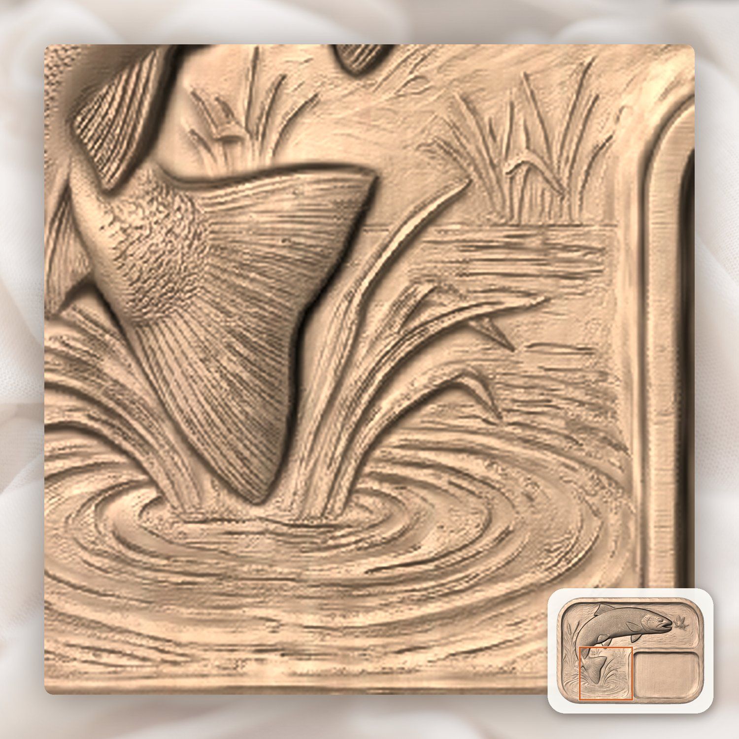 Valet Tray Leaping Brown Trout Fly Fishing Scene CNC Relief STL bas-relief STL — view 8