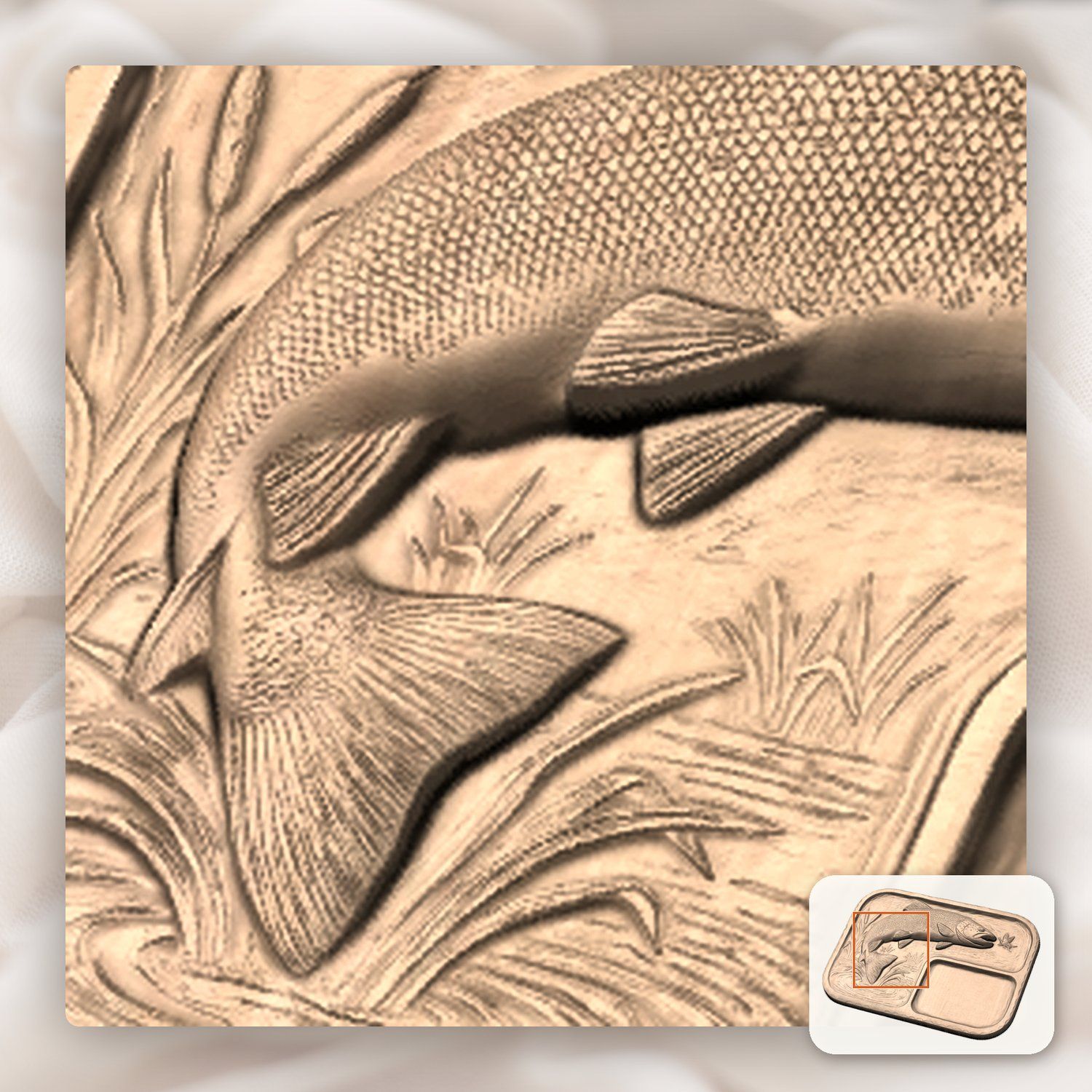 Valet Tray Leaping Brown Trout Fly Fishing Scene CNC Relief STL bas-relief STL — view 9