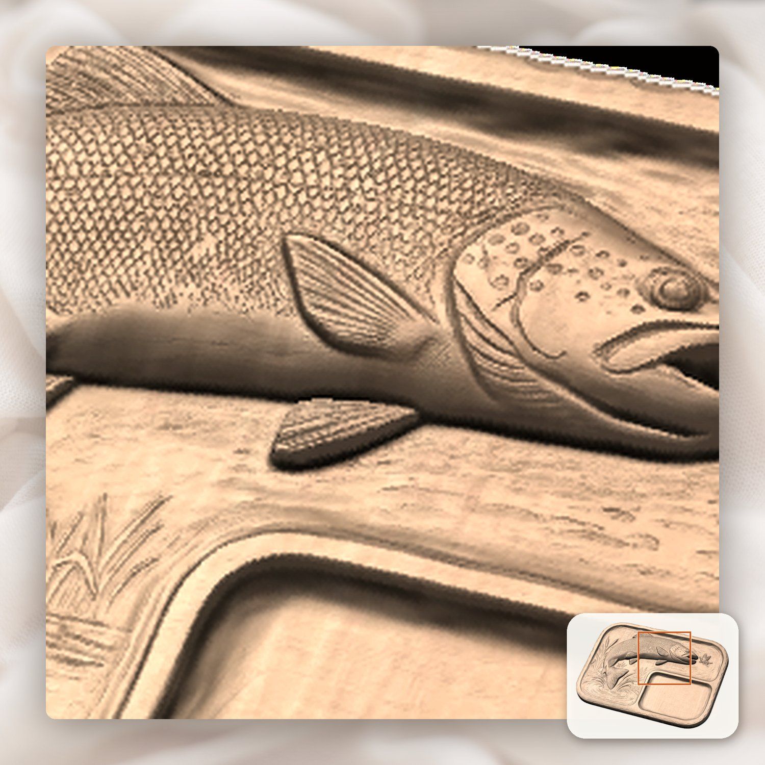 Valet Tray Leaping Brown Trout Fly Fishing Scene CNC Relief STL bas-relief STL — view 10
