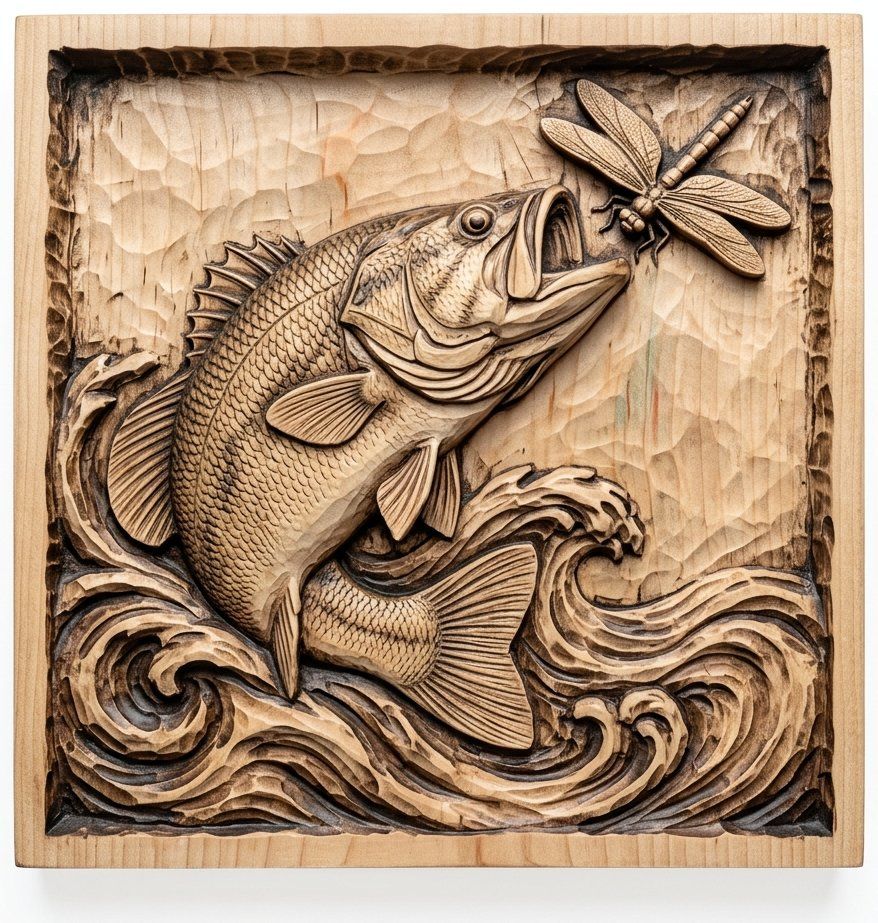 Leaping Largemouth Bass Deep Scoop Bas-Relief | CNC Router Carving Model | Dragonfly Fishing Scene | 3D Relief For Woodworking Art — carved bas relief STL file for CNC