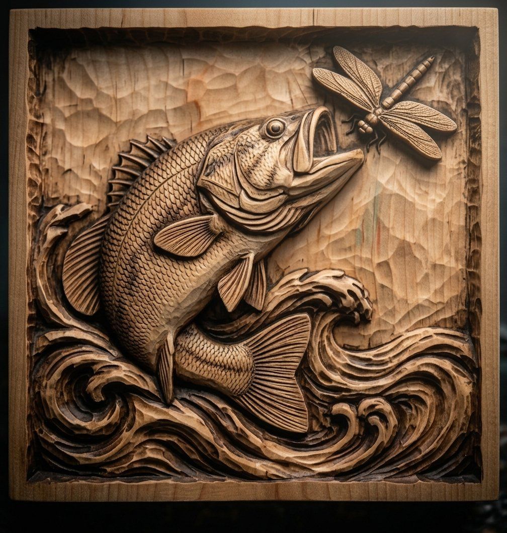 Leaping Largemouth Bass Deep Scoop Bas-Relief bas-relief STL — view 2