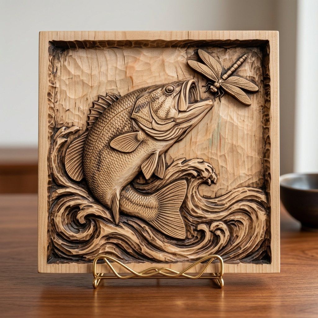 Leaping Largemouth Bass Deep Scoop Bas-Relief bas-relief STL — view 4