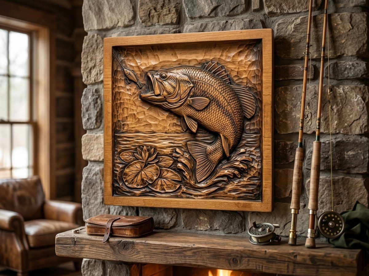 Leaping Largemouth Bass Fishing CNC Relief STL bas-relief STL — view 12