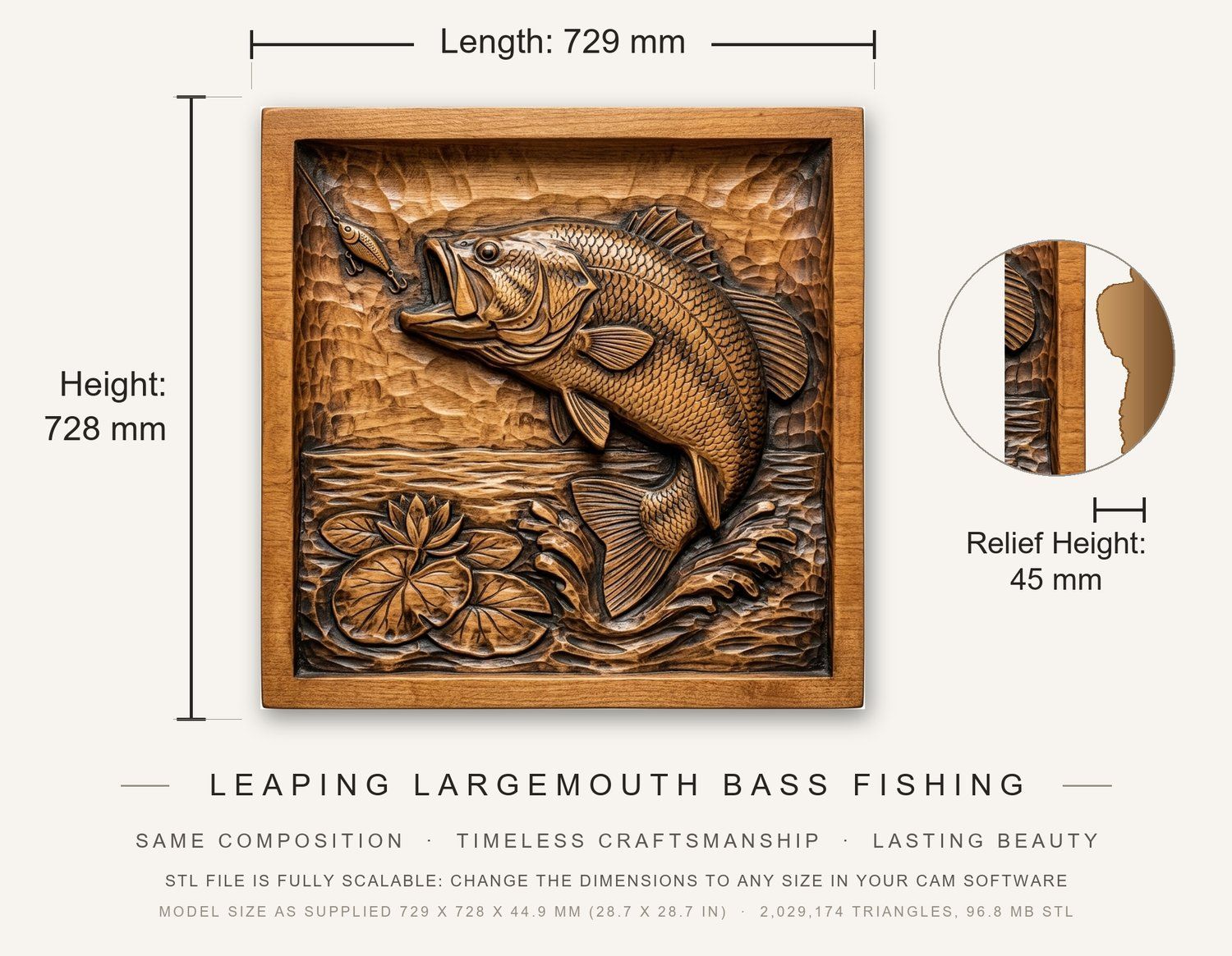 Leaping Largemouth Bass Fishing CNC Relief STL bas-relief STL — view 3