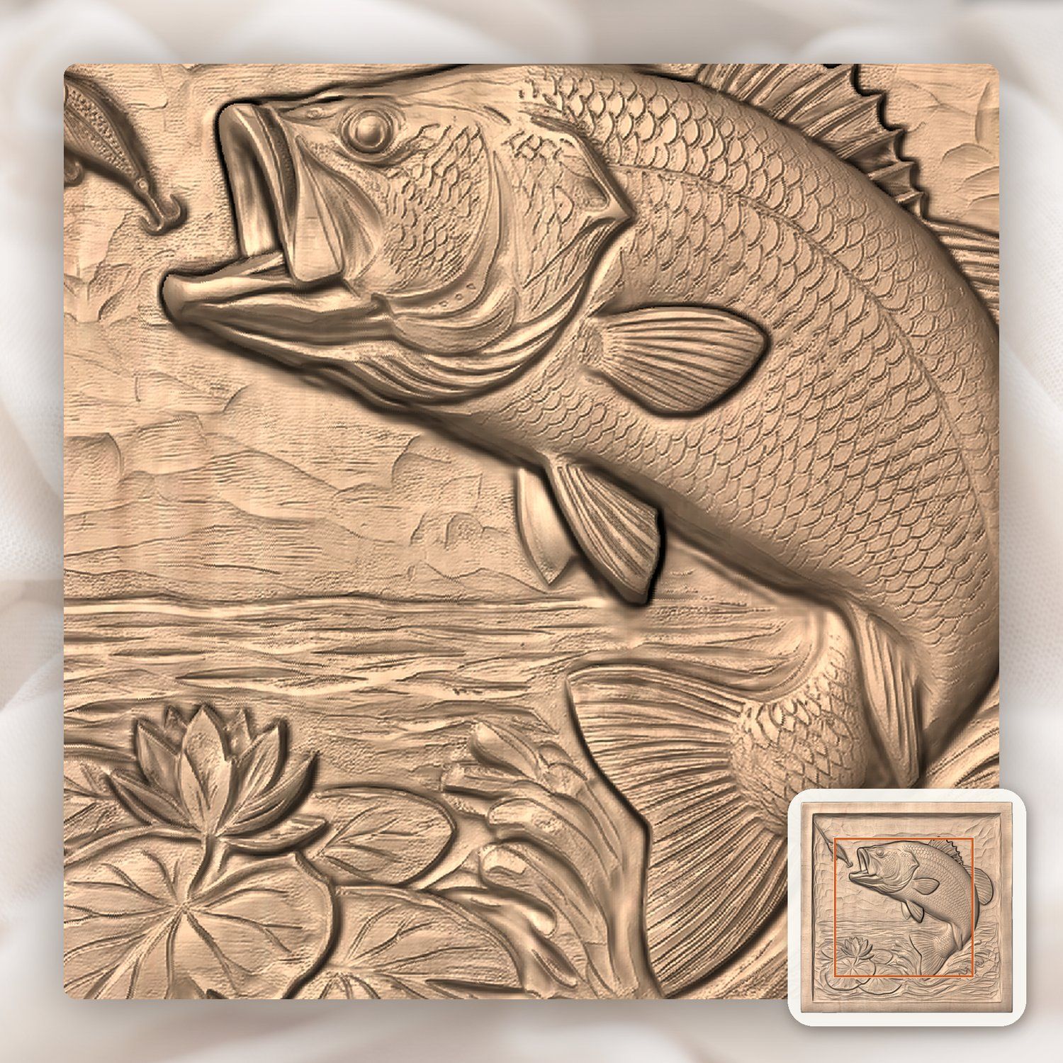 Leaping Largemouth Bass Fishing CNC Relief STL bas-relief STL — view 6