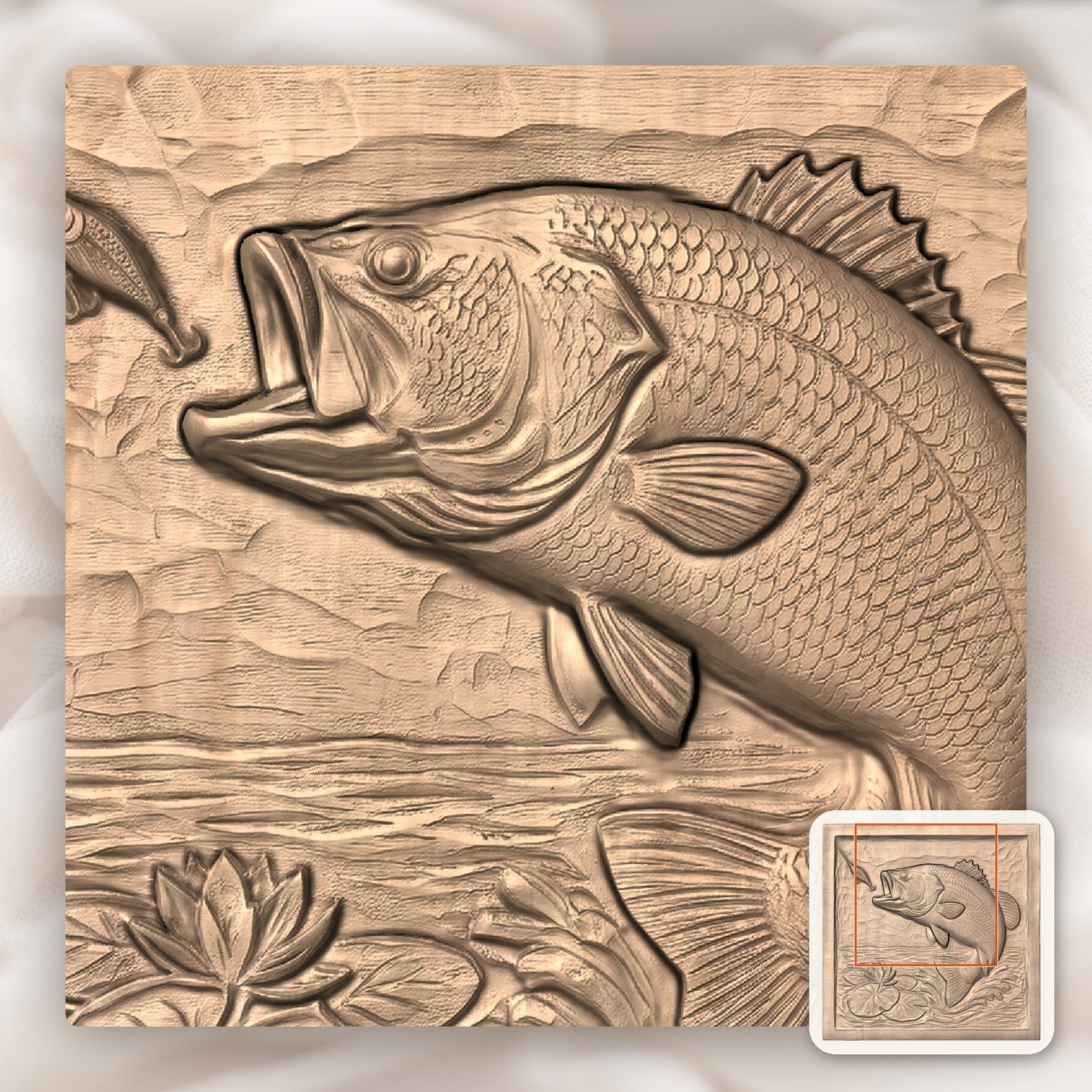 Leaping Largemouth Bass Fishing CNC Relief STL bas-relief STL — view 9