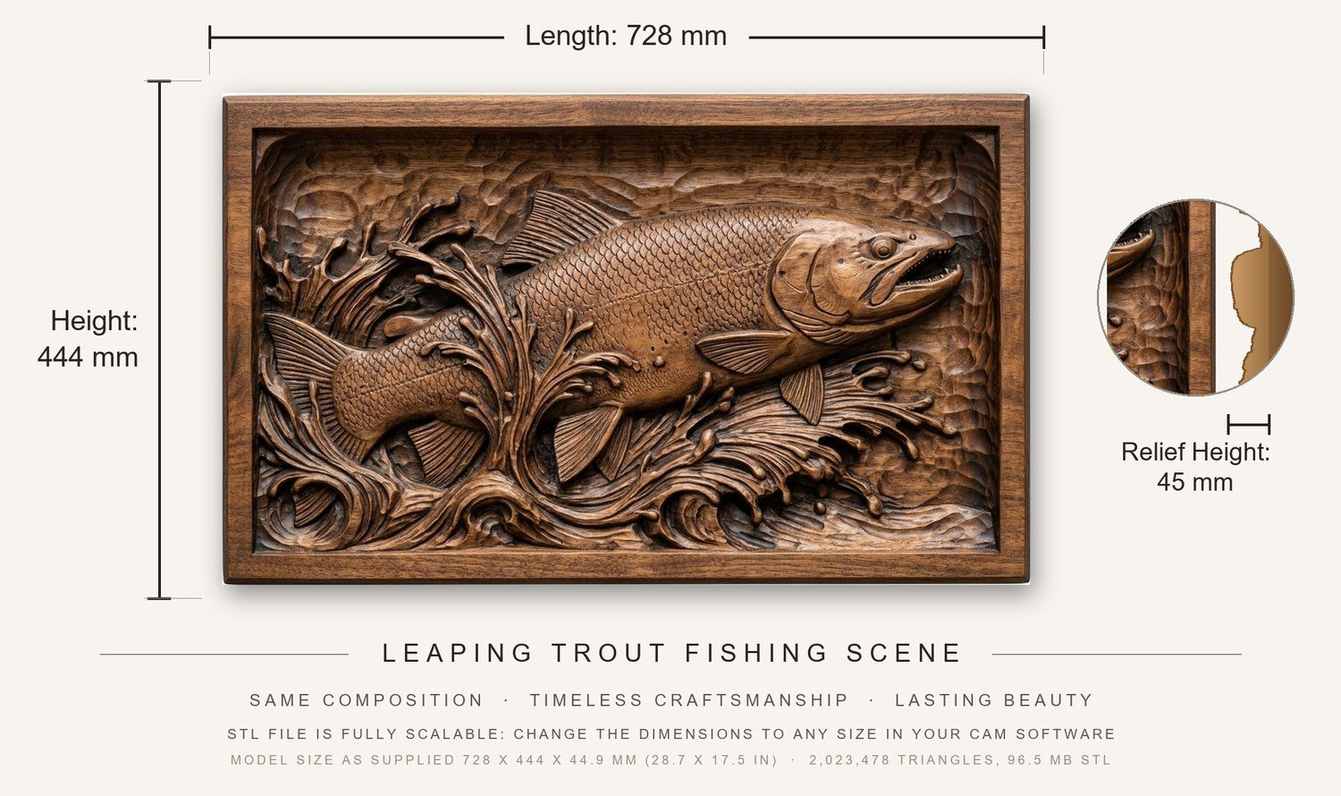 Leaping Trout Fishing Scene CNC Relief STL bas-relief STL — view 3