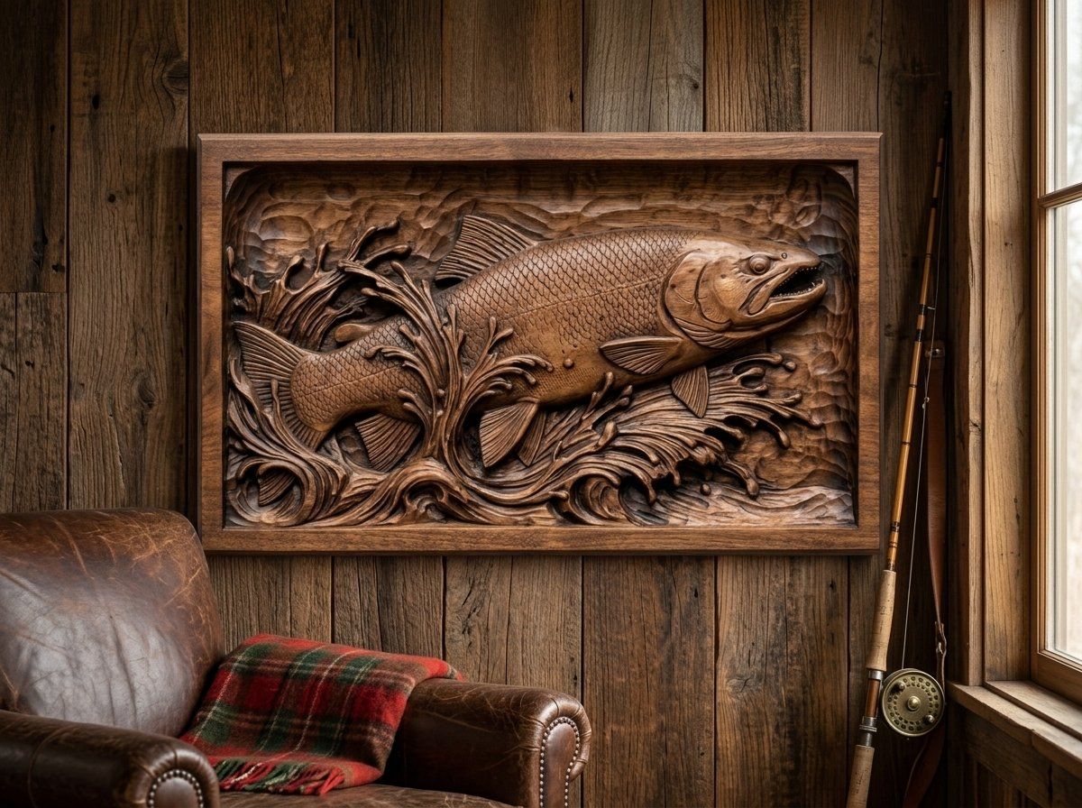 Leaping Trout Fishing Scene CNC Relief STL bas-relief STL — view 12