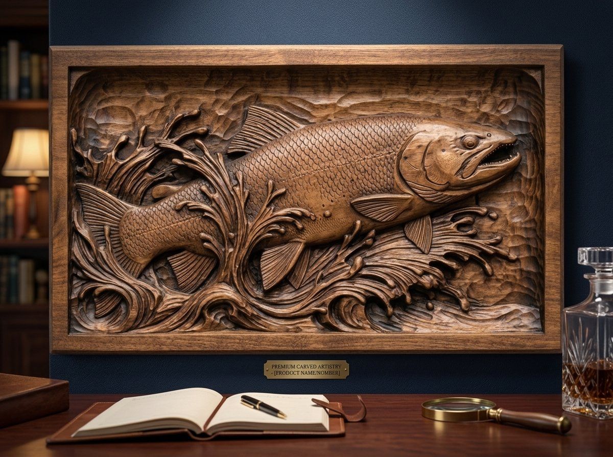 Leaping Trout Fishing Scene CNC Relief STL bas-relief STL — view 13