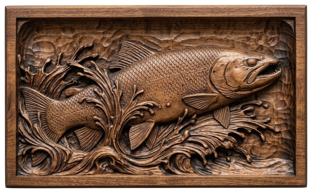 Leaping Trout Fishing Scene CNC Relief STL bas-relief STL — view 14