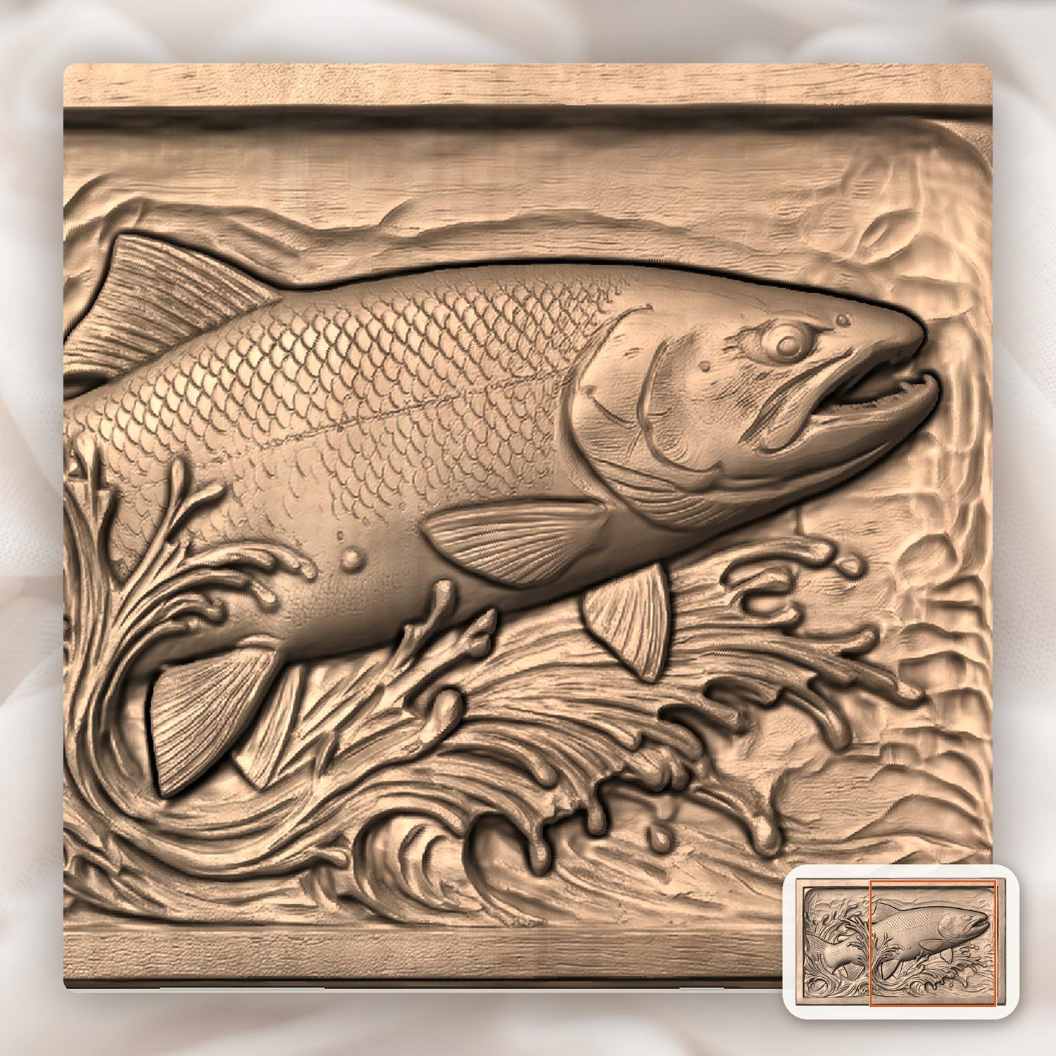 Leaping Trout Fishing Scene CNC Relief STL bas-relief STL — view 8