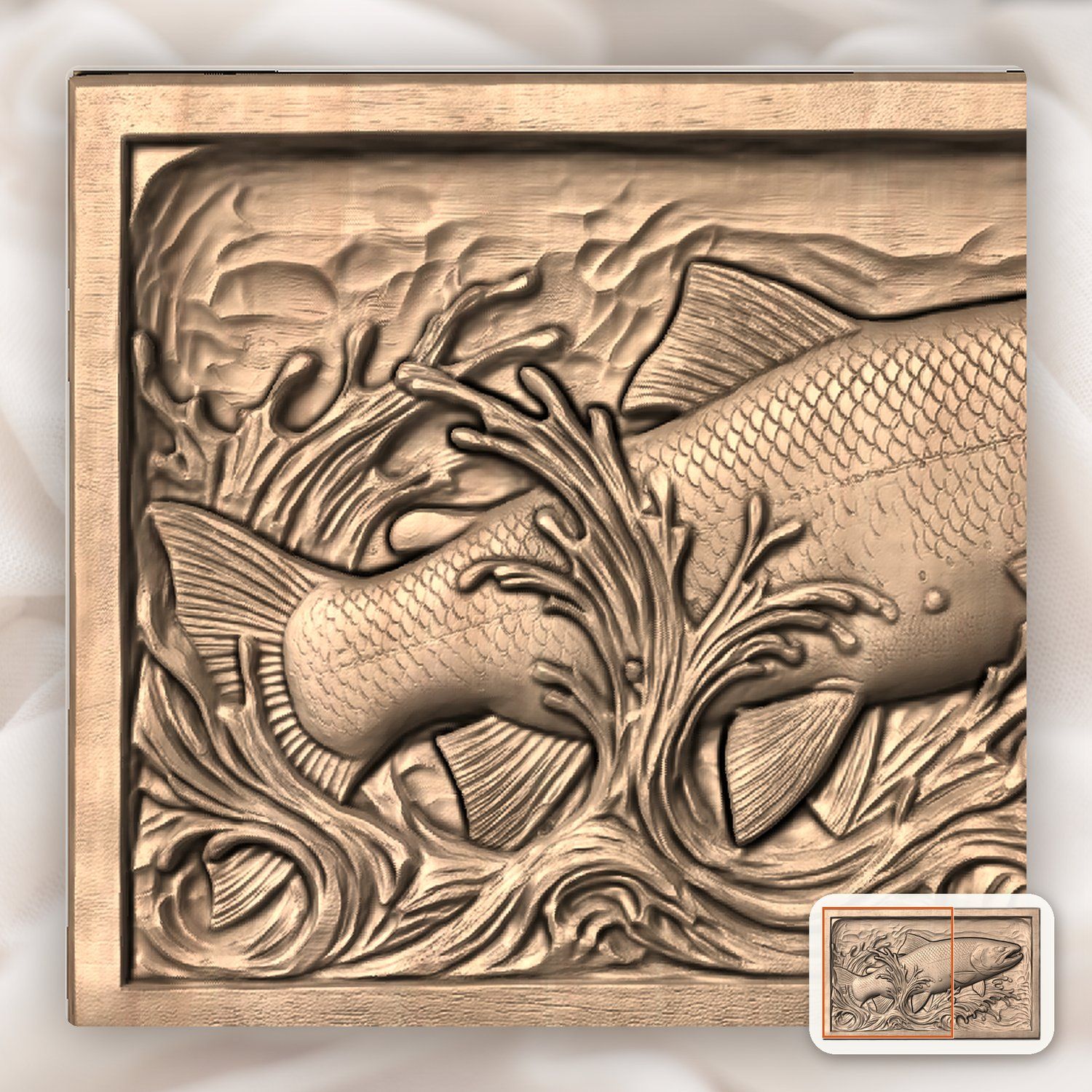 Leaping Trout Fishing Scene CNC Relief STL bas-relief STL — view 9