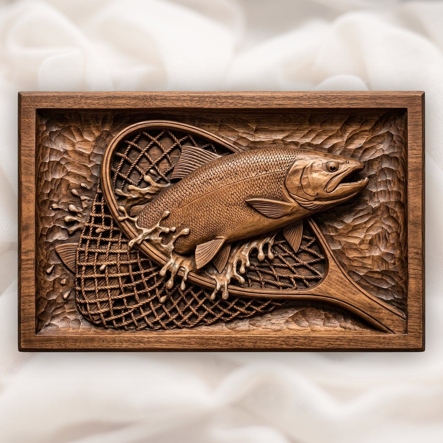 Leaping Trout in Fishing Net Wood CNC Relief STL bas-relief STL design