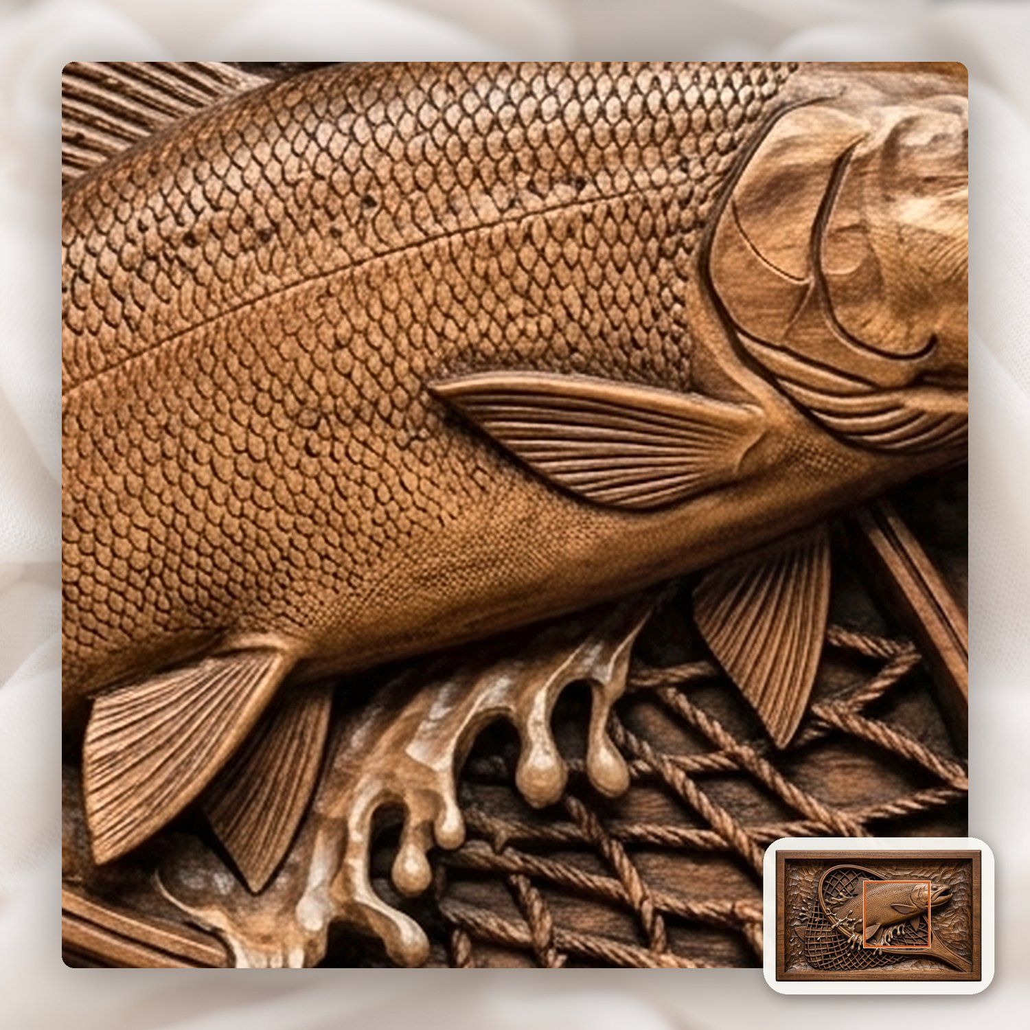 Leaping Trout in Fishing Net Wood CNC Relief STL bas-relief STL — view 11