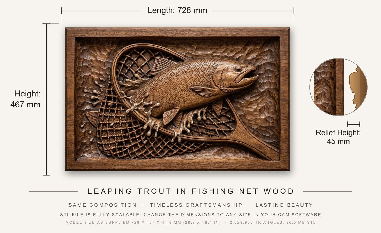 Leaping Trout in Fishing Net Wood CNC Relief STL bas-relief STL — view 3