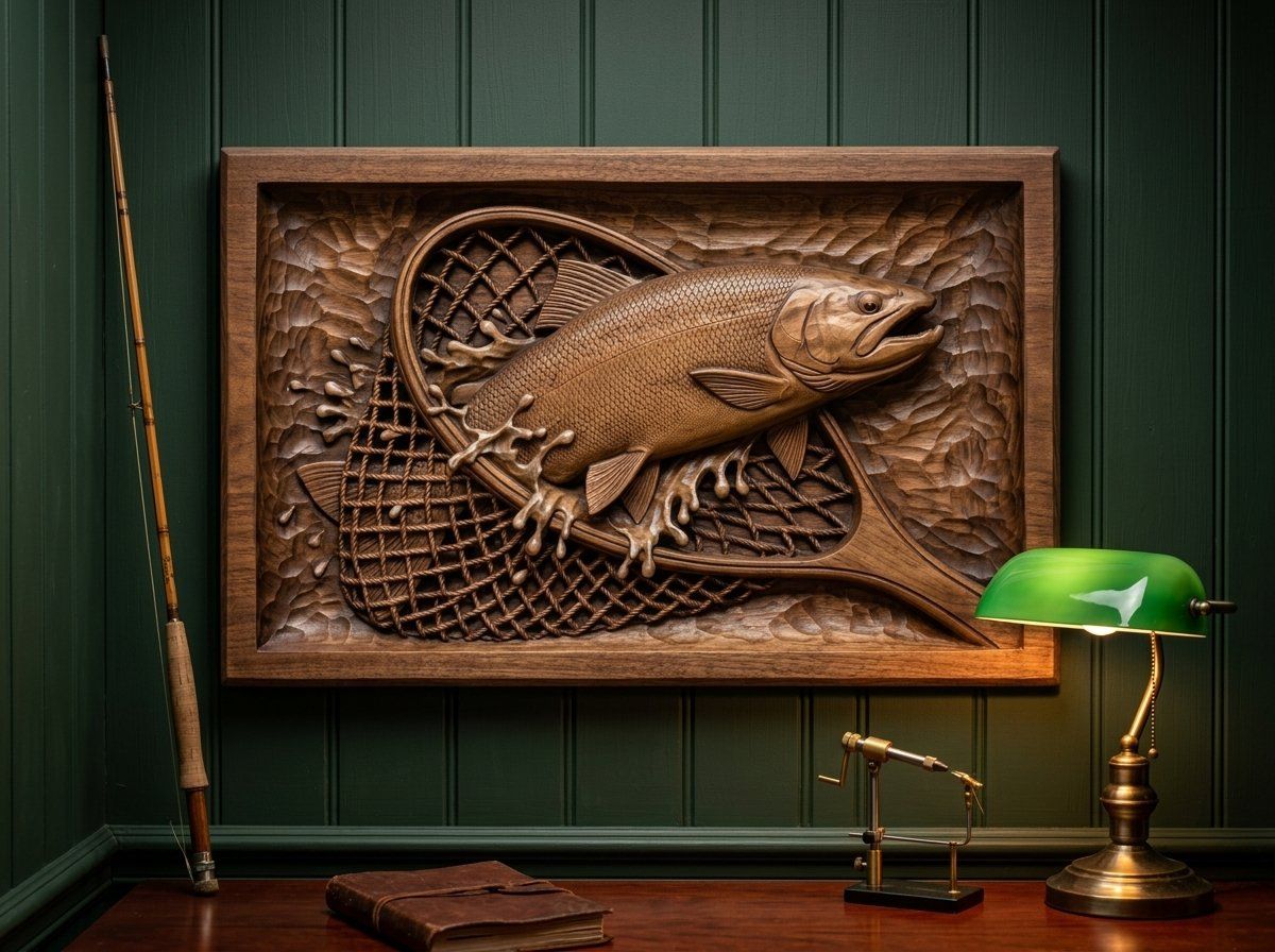 Leaping Trout in Fishing Net Wood CNC Relief STL bas-relief STL — view 12