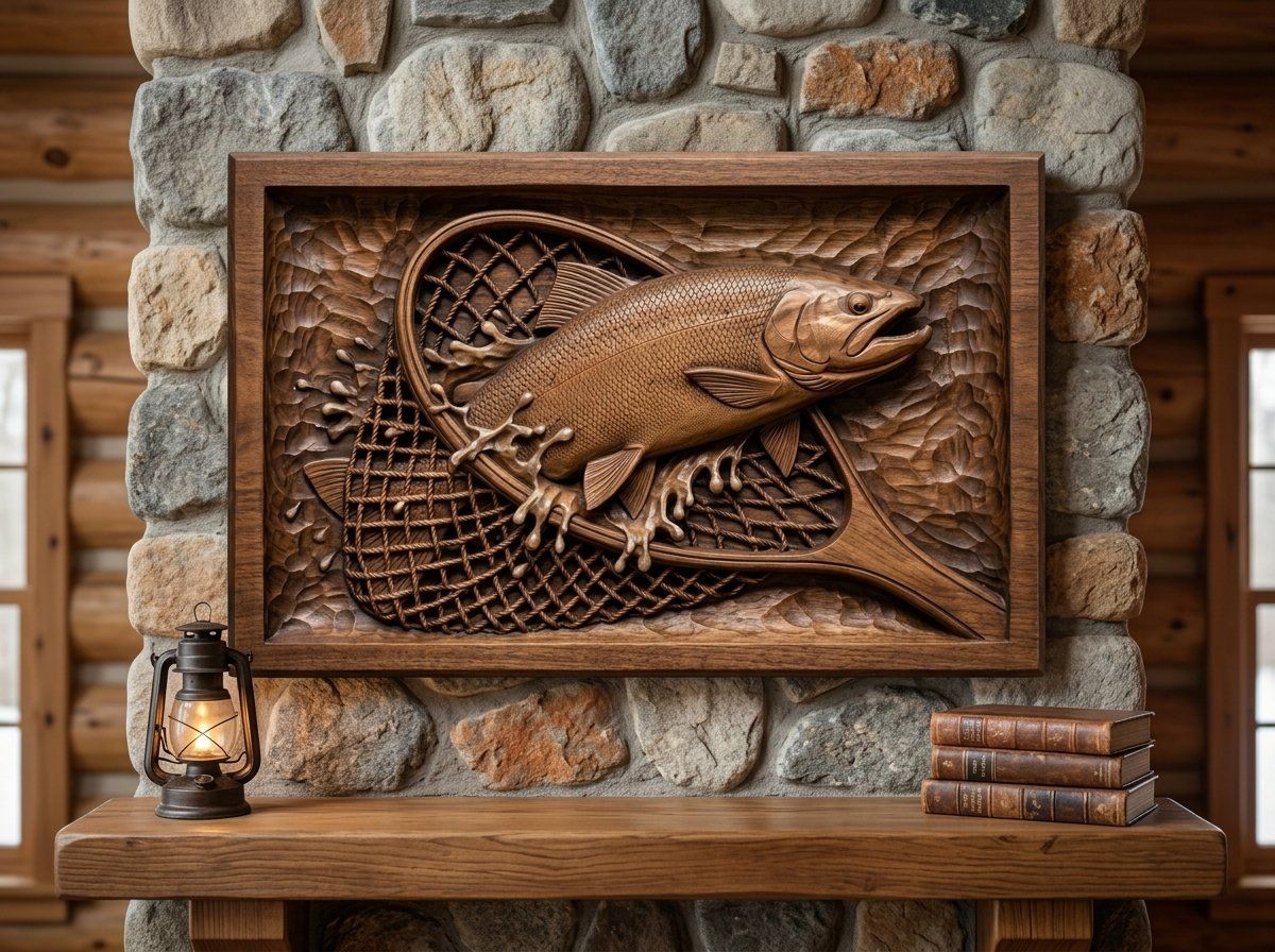Leaping Trout in Fishing Net Wood CNC Relief STL bas-relief STL — view 14