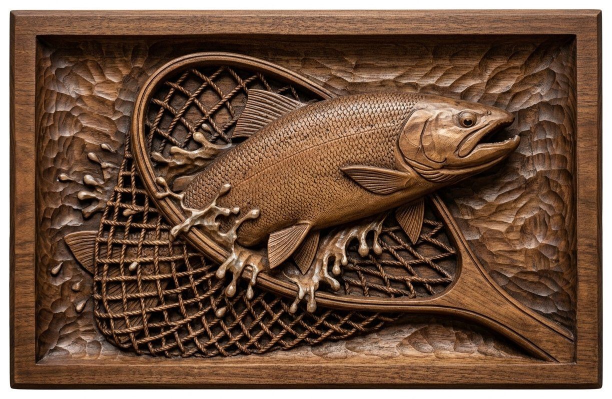 Leaping Trout in Fishing Net Wood CNC Relief STL bas-relief STL — view 13