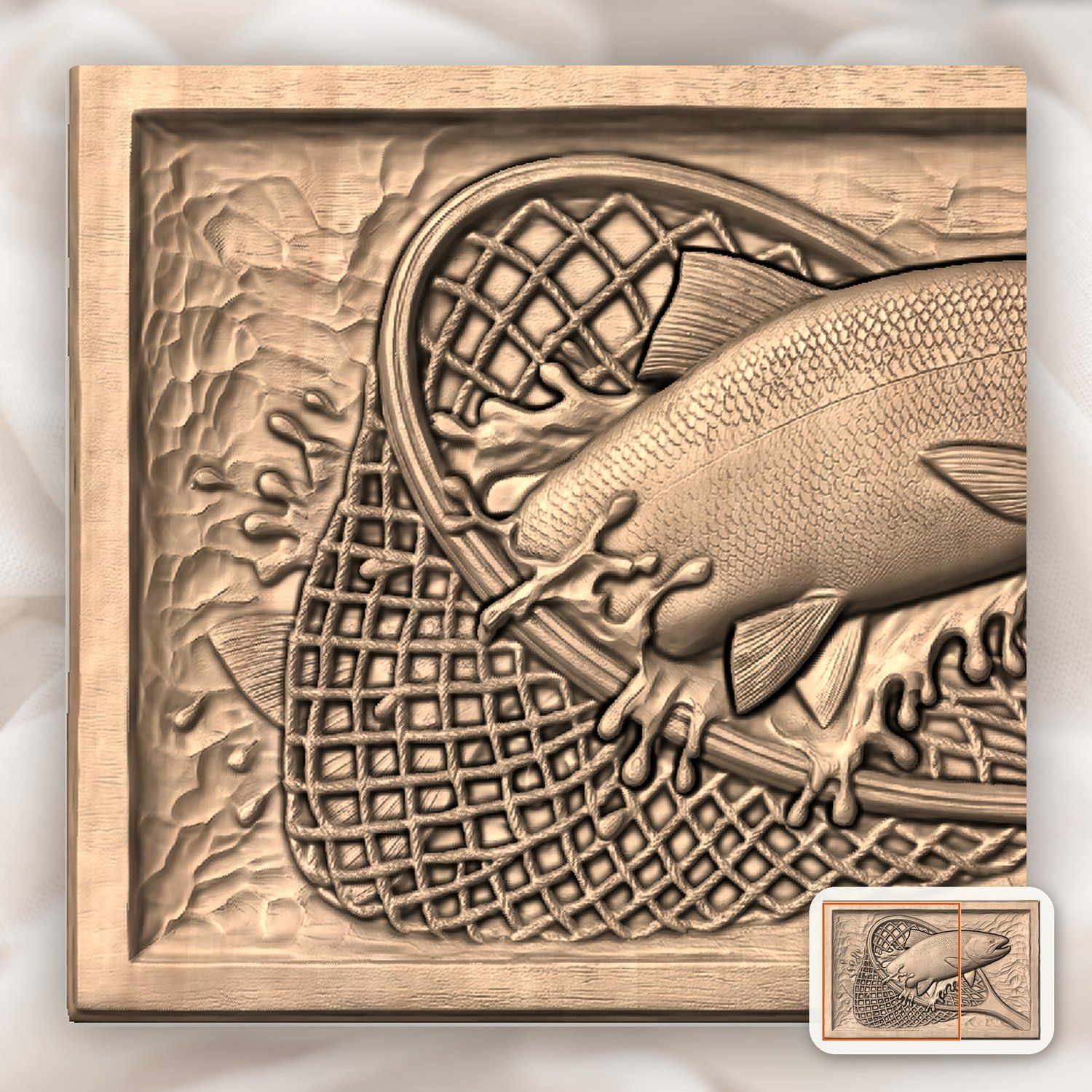 Leaping Trout in Fishing Net Wood CNC Relief STL bas-relief STL — view 6