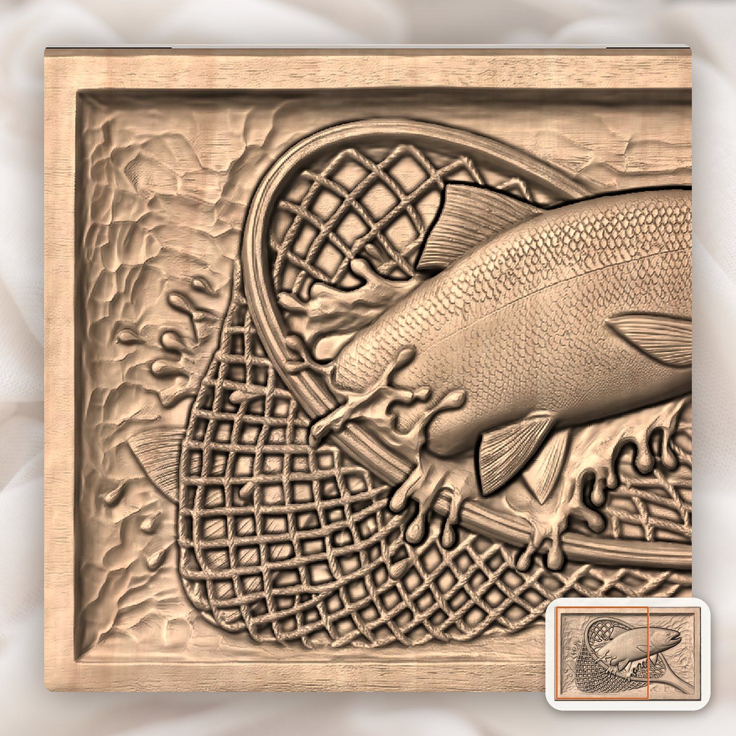 Leaping Trout in Fishing Net Wood CNC Relief STL bas-relief STL — view 7