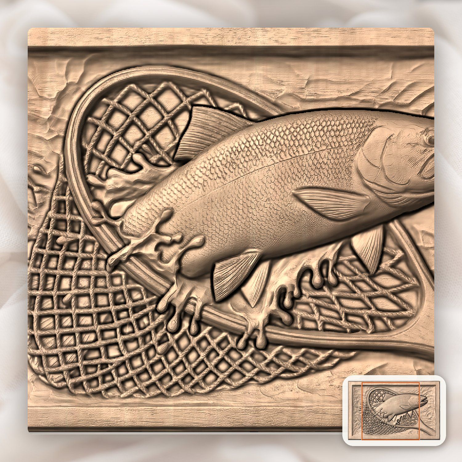Leaping Trout in Fishing Net Wood CNC Relief STL bas-relief STL — view 8