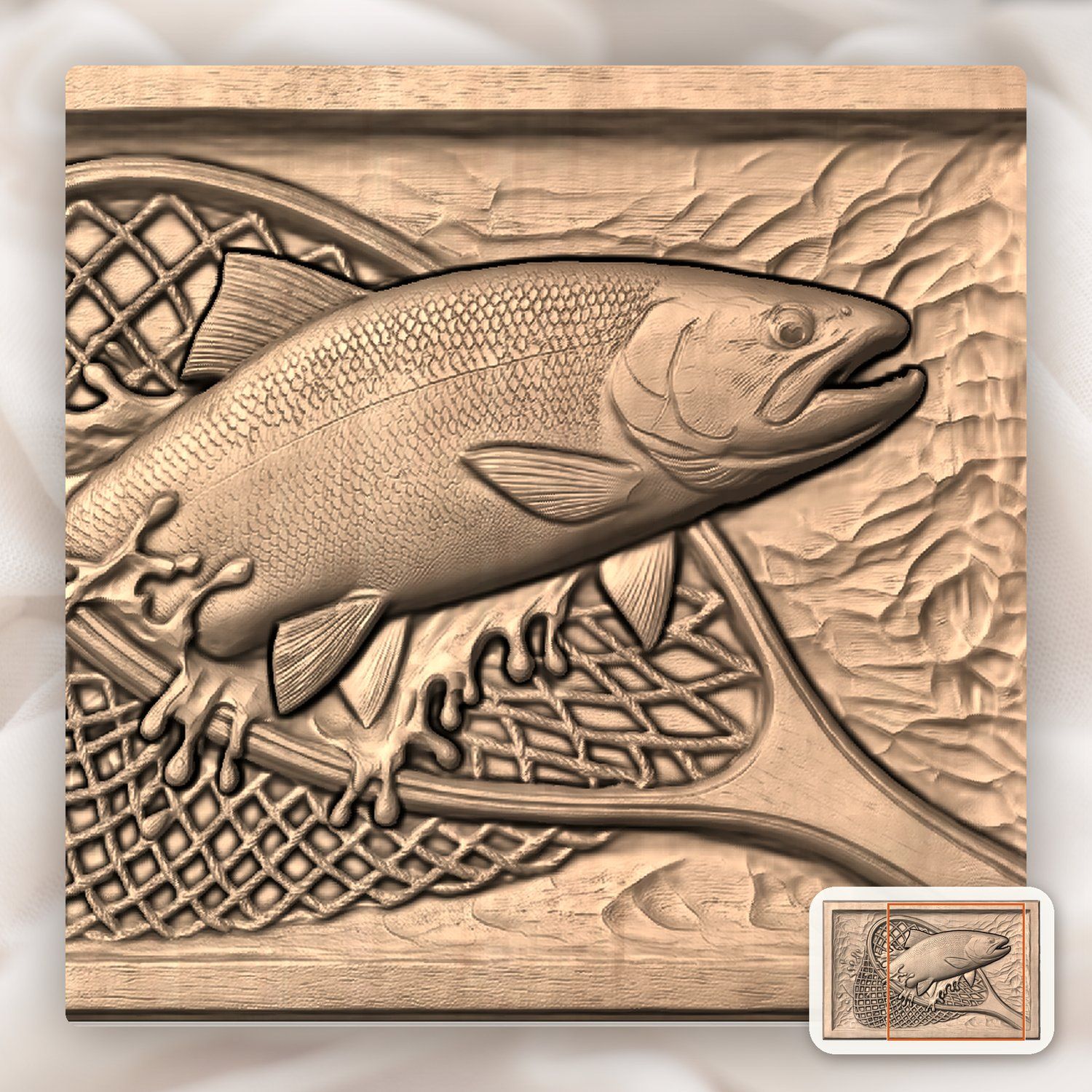 Leaping Trout in Fishing Net Wood CNC Relief STL bas-relief STL — view 9
