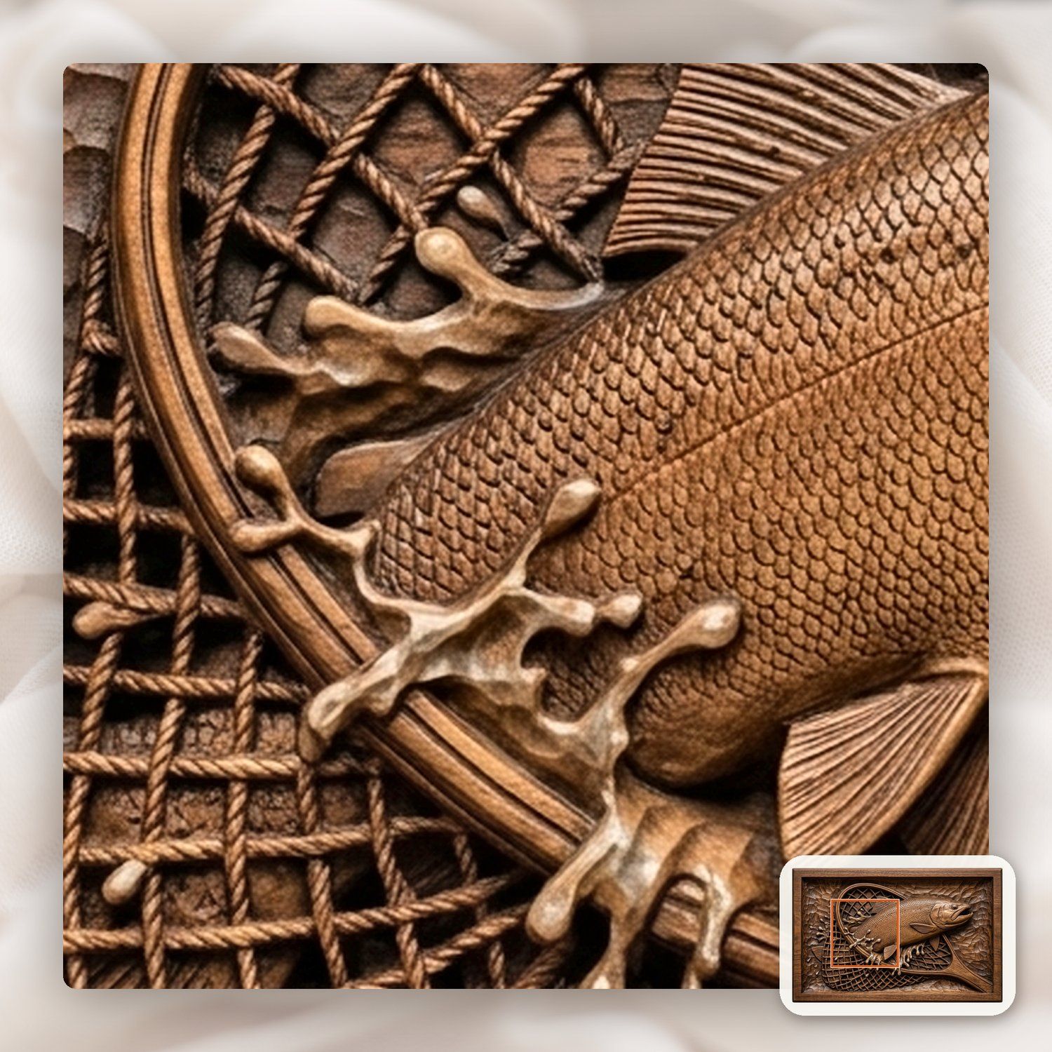 Leaping Trout in Fishing Net Wood CNC Relief STL bas-relief STL — view 10
