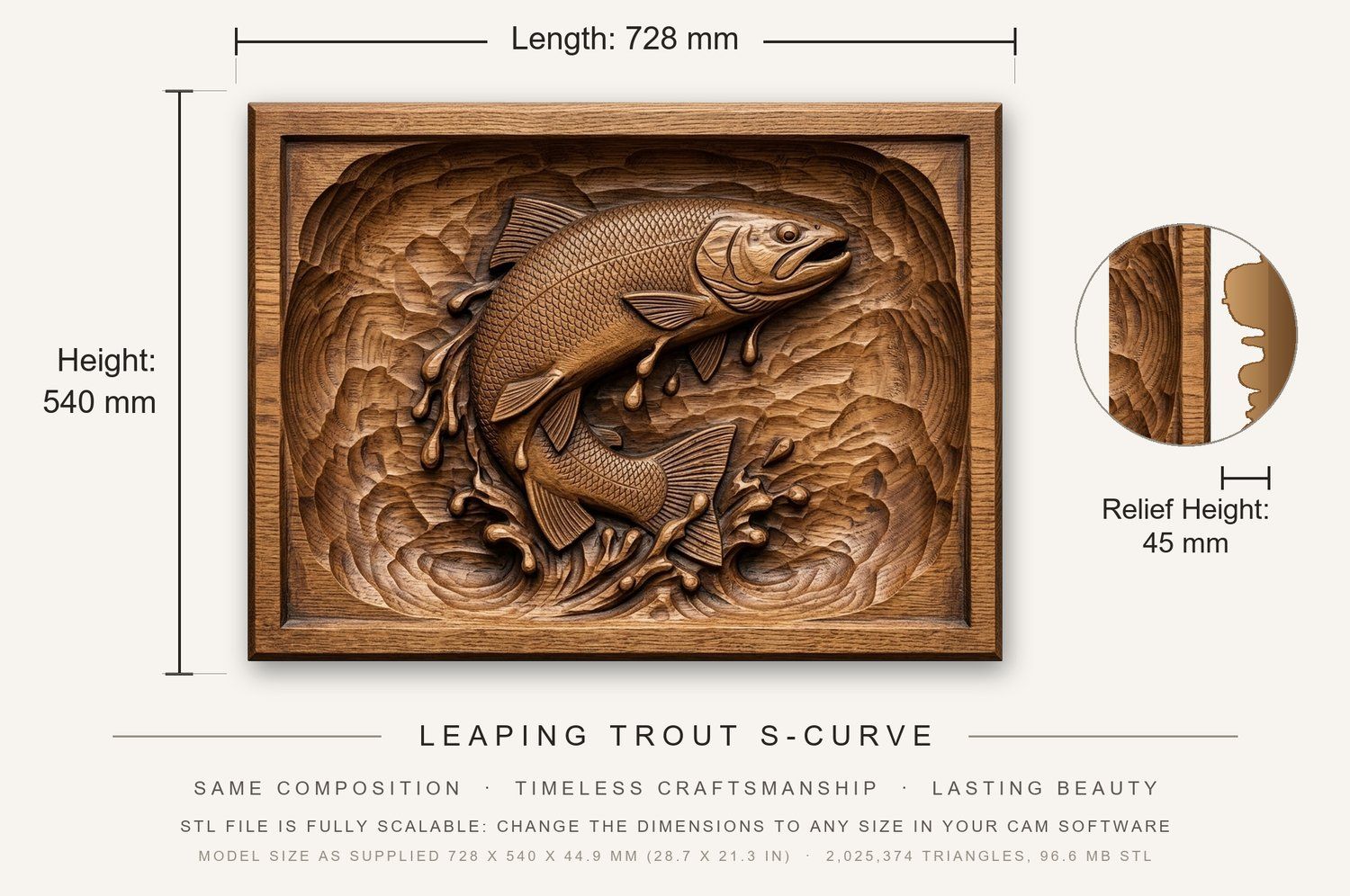 Leaping Trout S-Curve CNC Relief STL bas-relief STL — view 3
