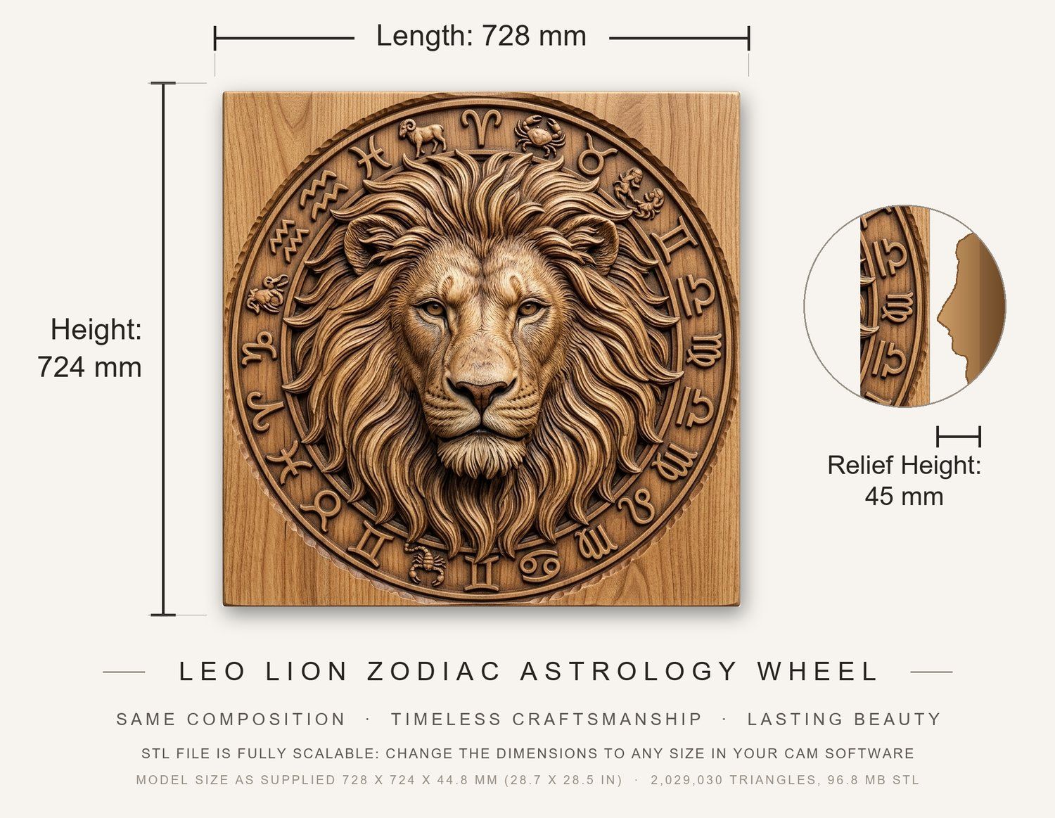 Leo Lion Zodiac Astrology Wheel CNC Relief STL bas-relief STL — view 3