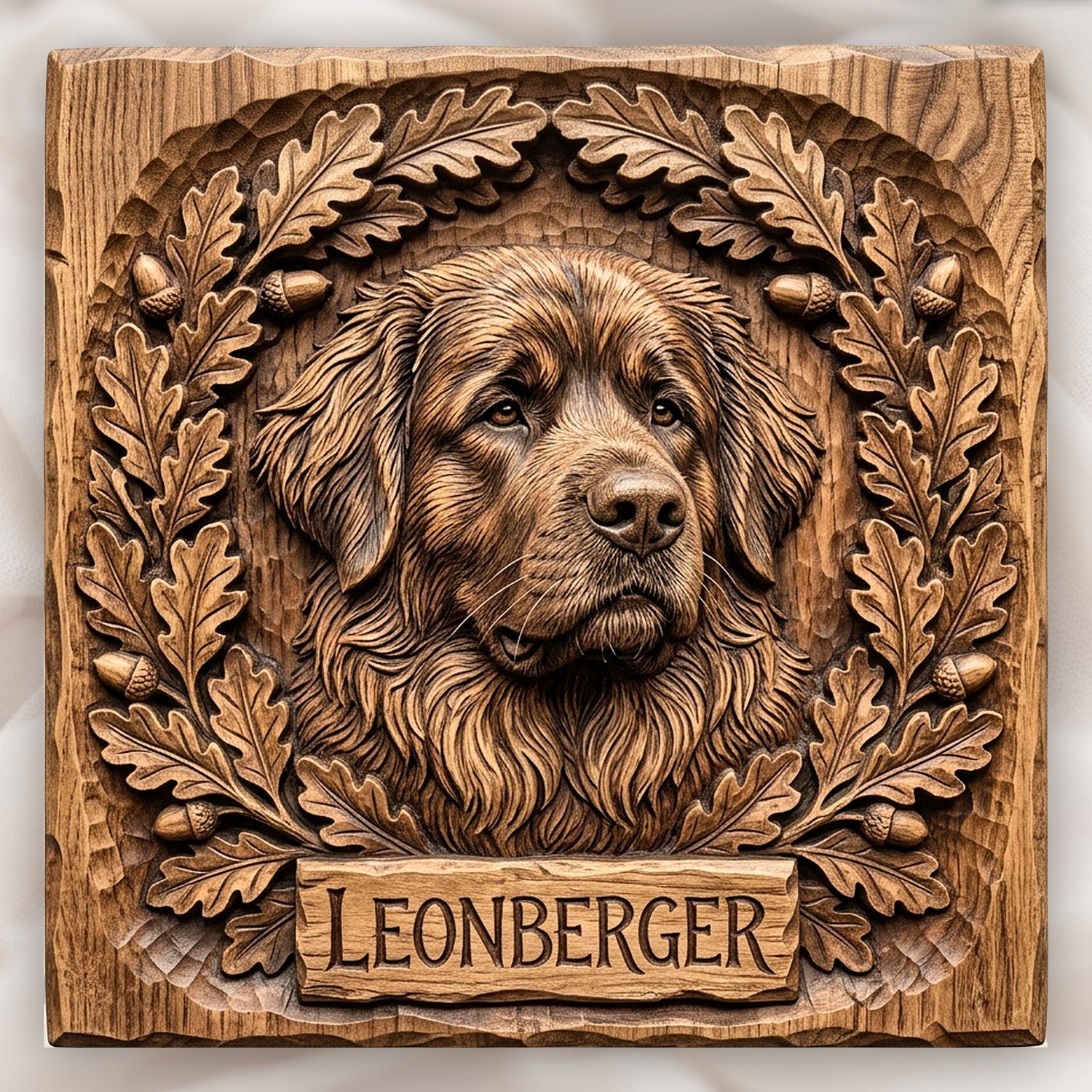 Leonberger Dog Portrait Oak Leaf Wreath CNC Relief STL bas-relief STL design