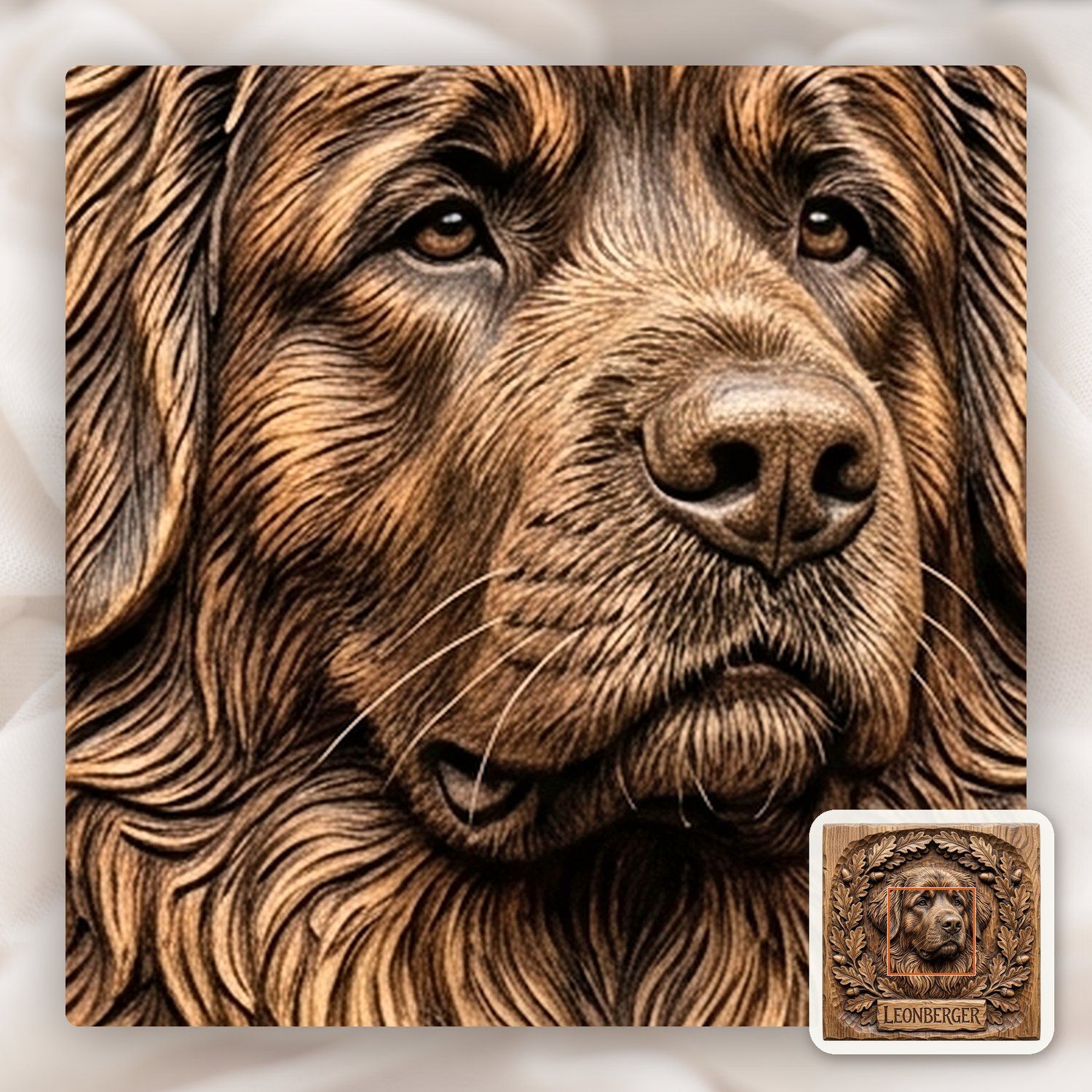 Leonberger Dog Portrait Oak Leaf Wreath CNC Relief STL bas-relief STL — view 11