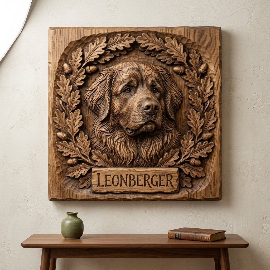 Leonberger Dog Portrait Oak Leaf Wreath CNC Relief STL bas-relief STL — view 14