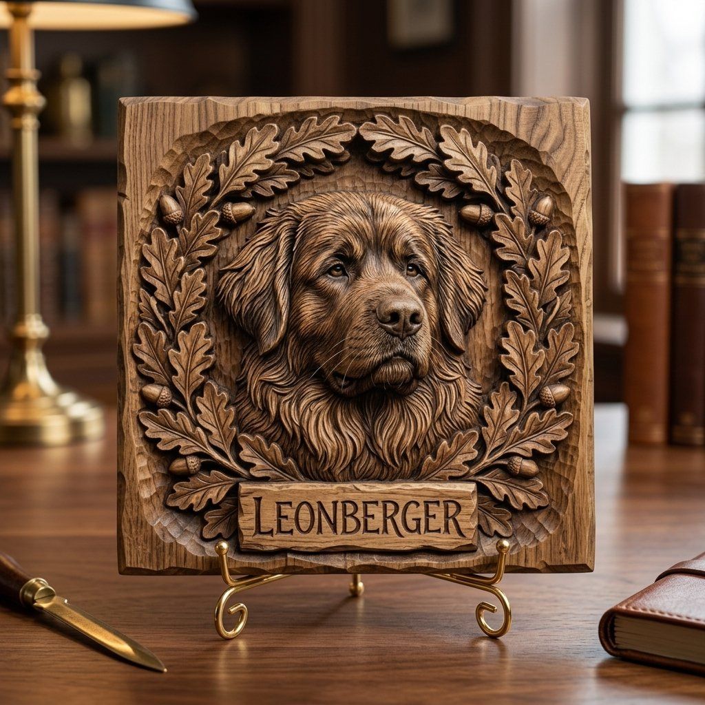 Leonberger Dog Portrait Oak Leaf Wreath CNC Relief STL bas-relief STL — view 3
