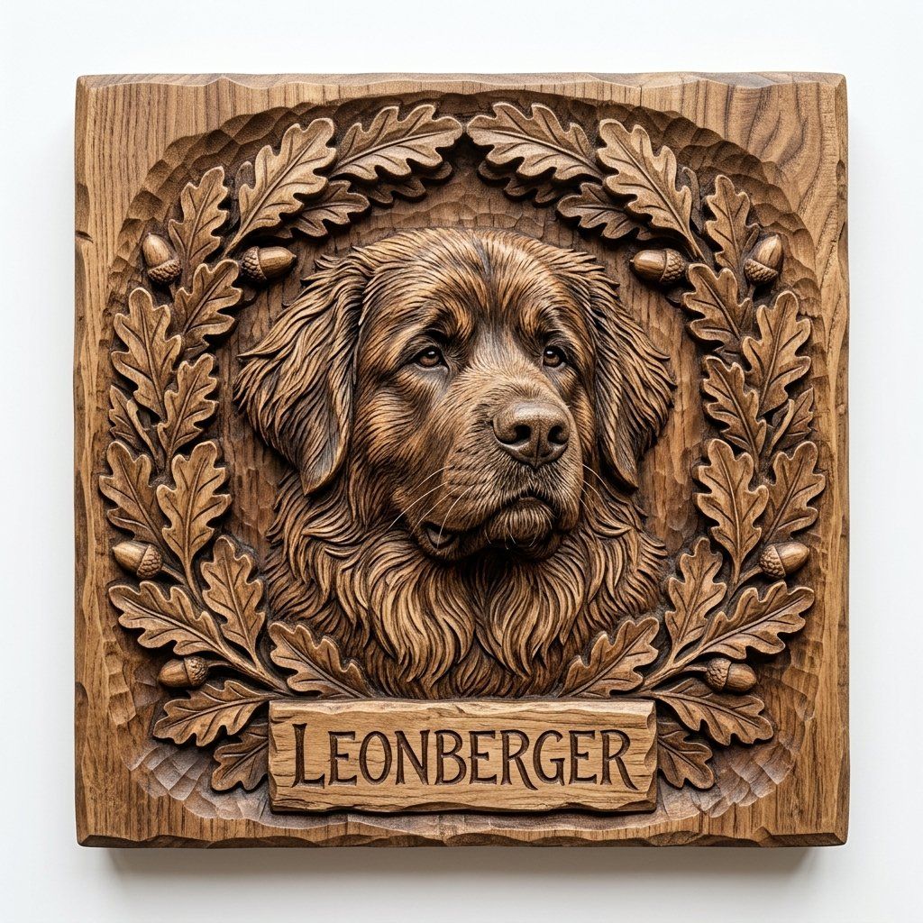 Leonberger Dog Portrait Oak Leaf Wreath CNC Relief STL bas-relief STL — view 12
