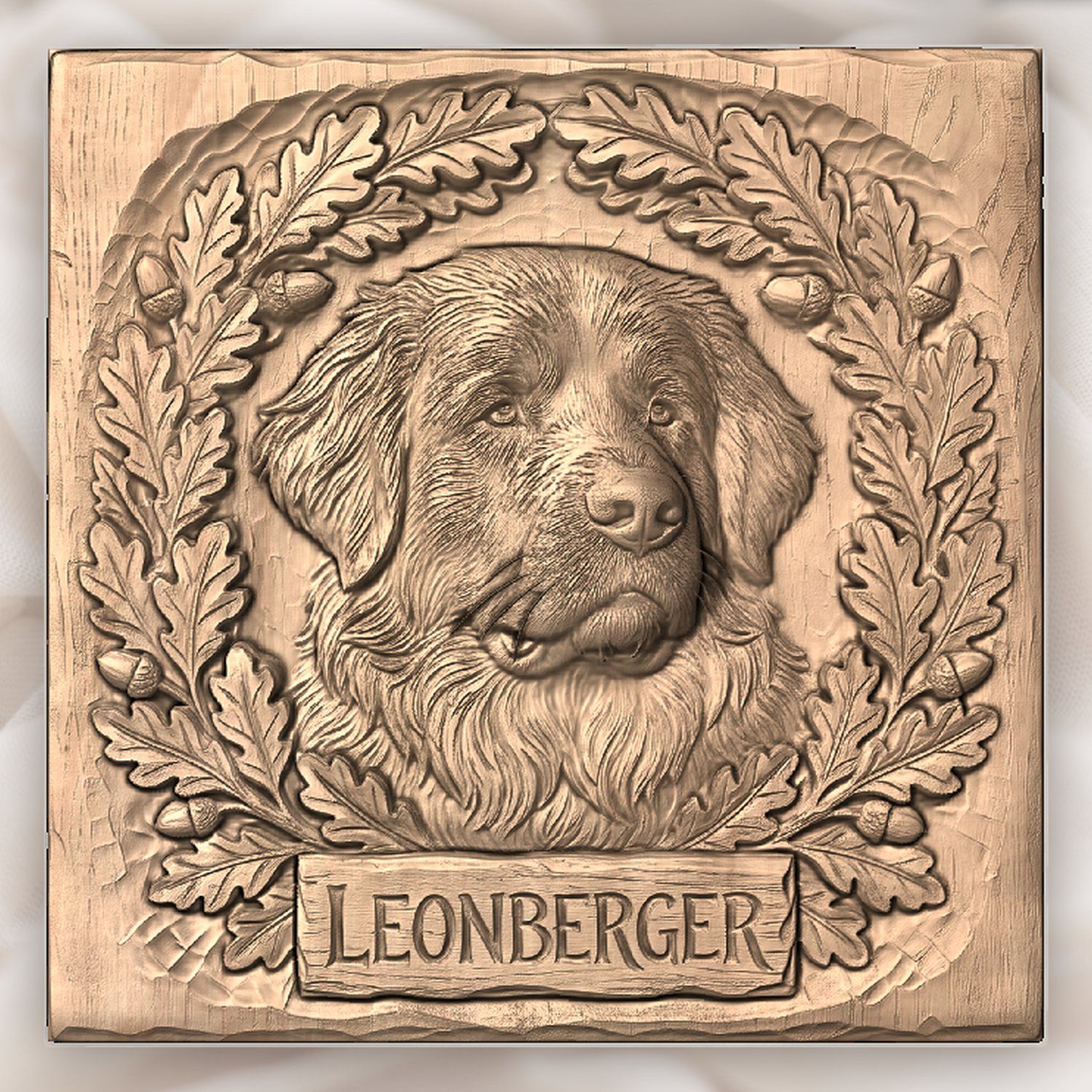 Leonberger Dog Portrait Oak Leaf Wreath CNC Relief STL bas-relief STL — view 4