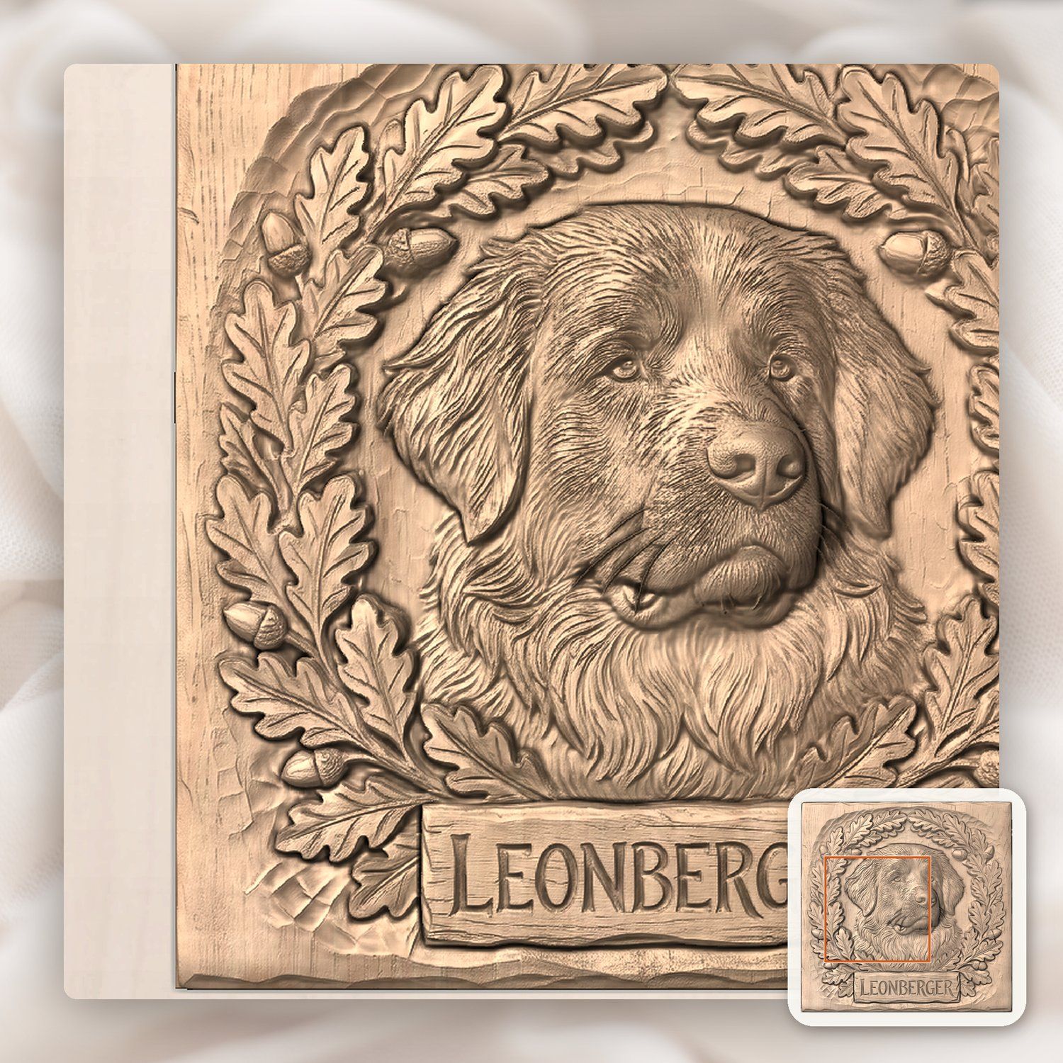 Leonberger Dog Portrait Oak Leaf Wreath CNC Relief STL bas-relief STL — view 6