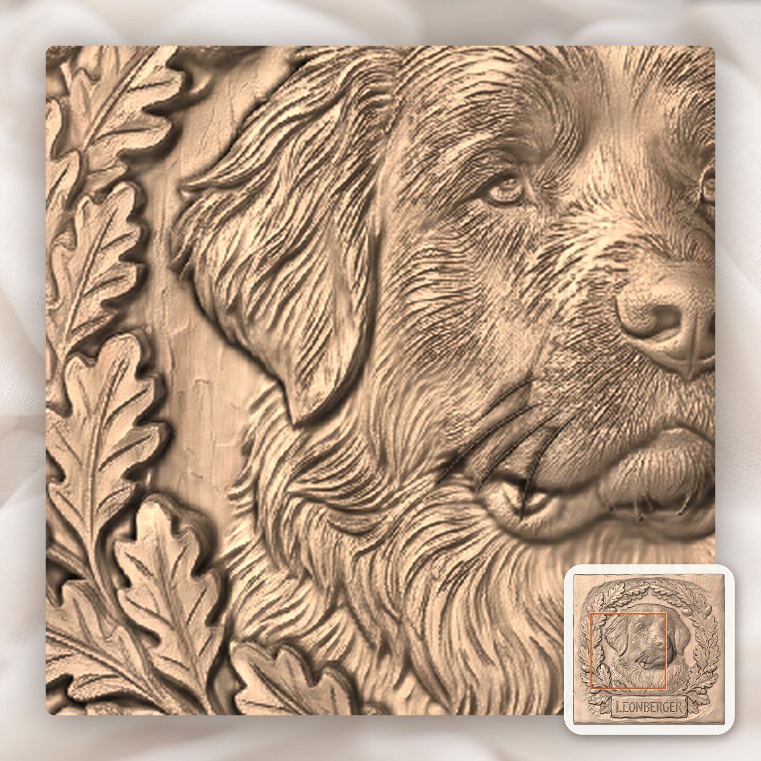 Leonberger Dog Portrait Oak Leaf Wreath CNC Relief STL bas-relief STL — view 7