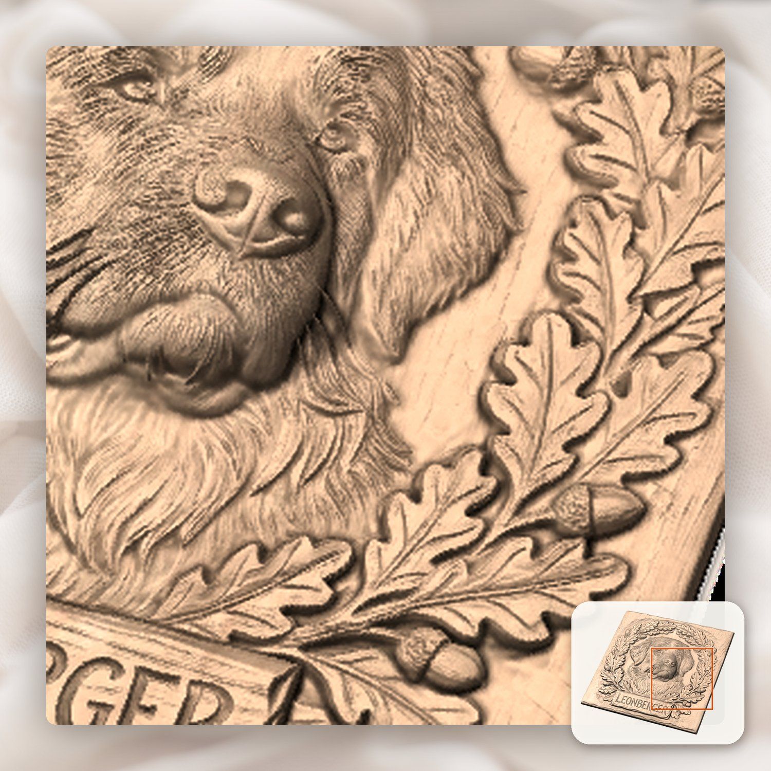 Leonberger Dog Portrait Oak Leaf Wreath CNC Relief STL bas-relief STL — view 10